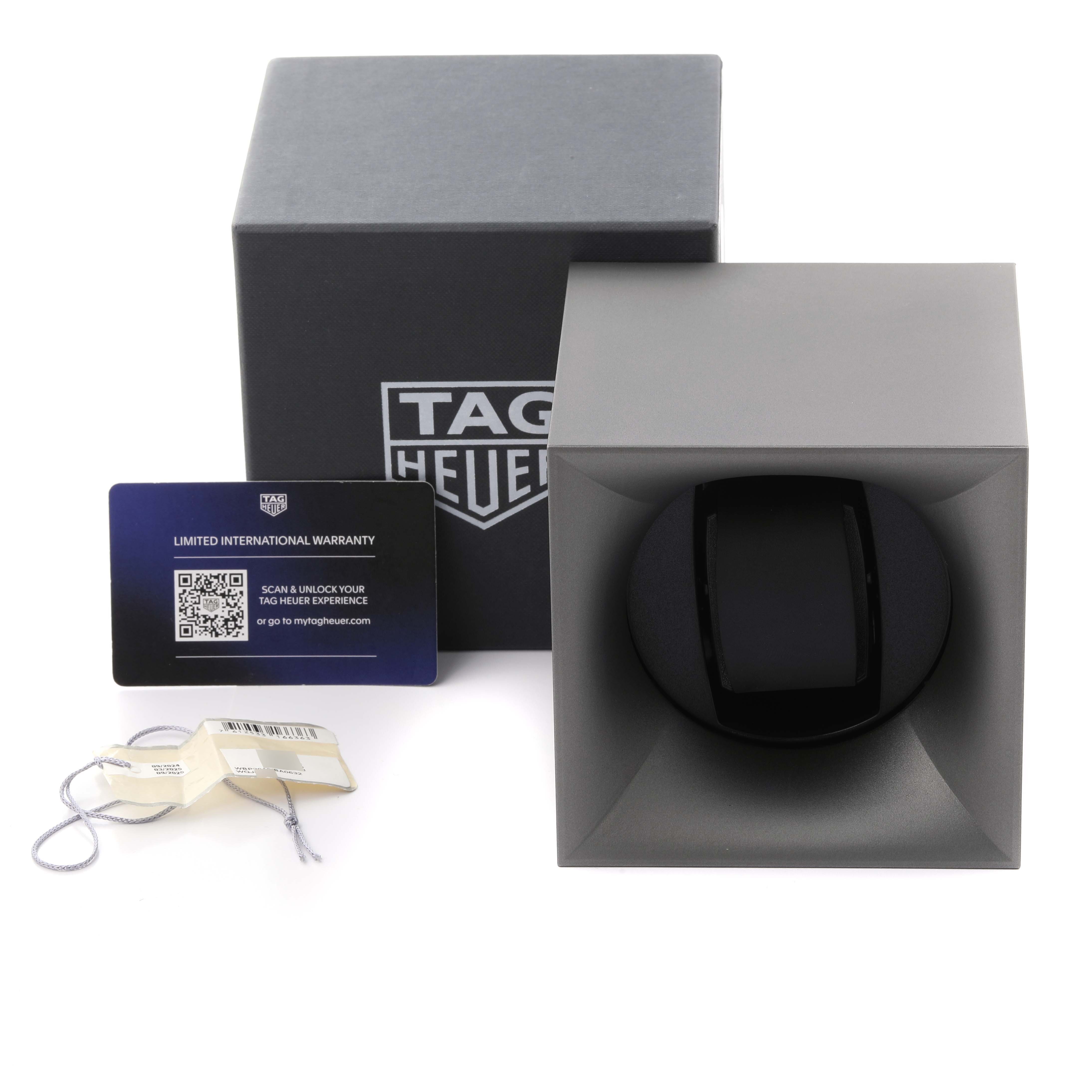 The image shows a Tag Heuer Aquaracer WBP2010 Men
s Stainless Steel Blue Dial WBP2010 Men
s Stainless Steel Blue Dial box set, including the watch box, warranty card, and tags, viewed from the front.