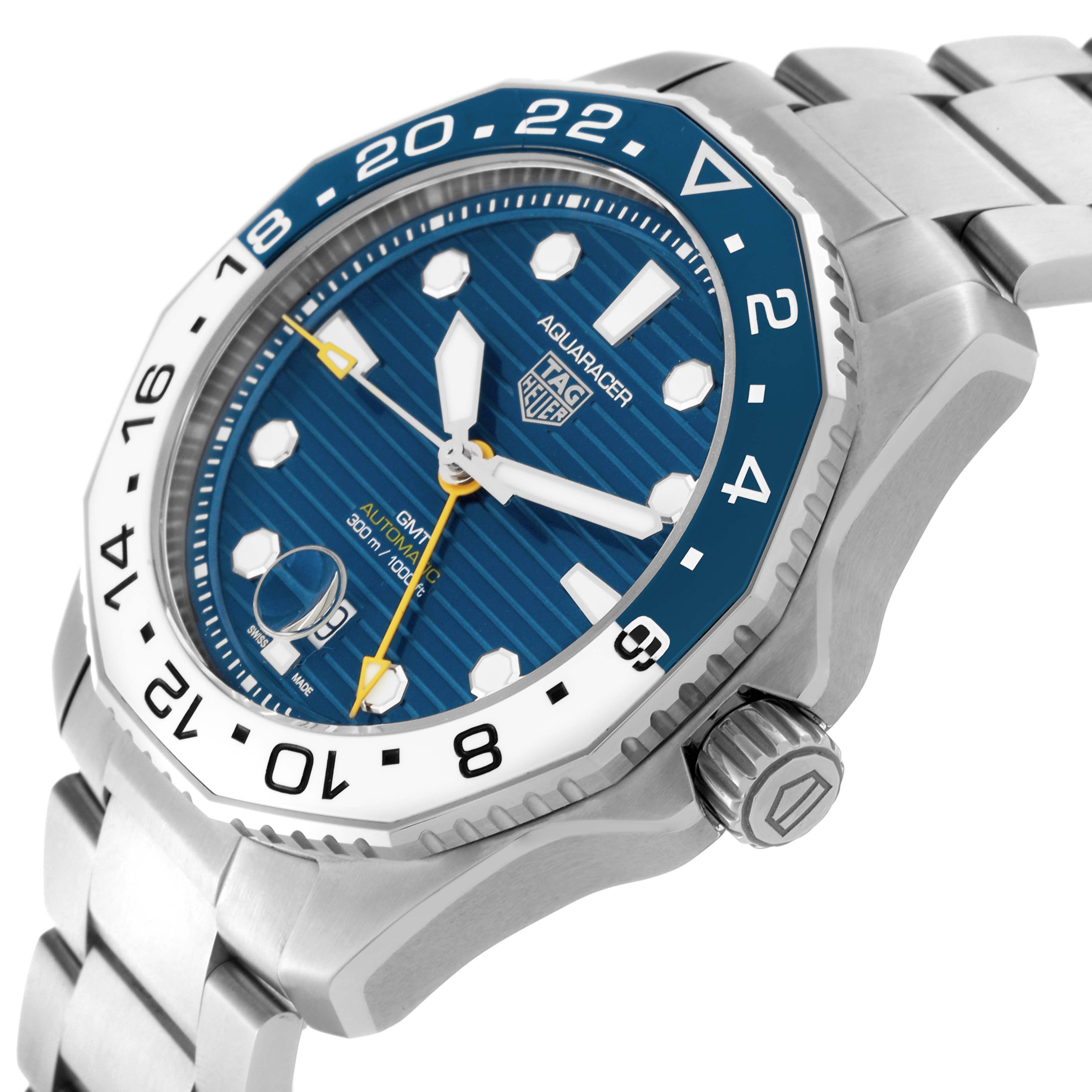 The Tag Heuer Aquaracer WBP2010 Men
s Stainless Steel Blue Dial WBP2010 Men
s Stainless Steel Blue Dial is shown at a side angle, highlighting the blue dial, bezel, crown, and bracelet.