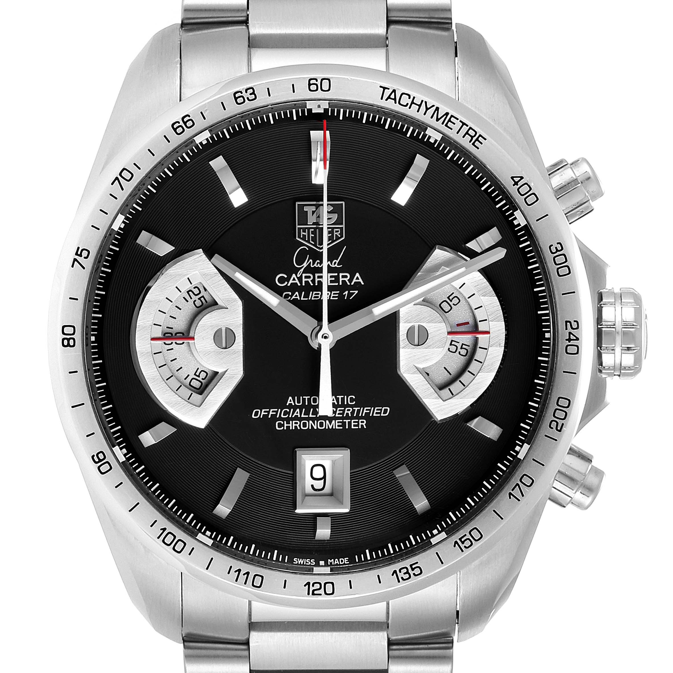 The image shows a Tag Heuer Carrera CAV511A Men's Stainless Steel Black Dial CAV511A Men's Stainless Steel Black Dial watch face with subdials, date display, and tachymeter, viewed from a front angle.