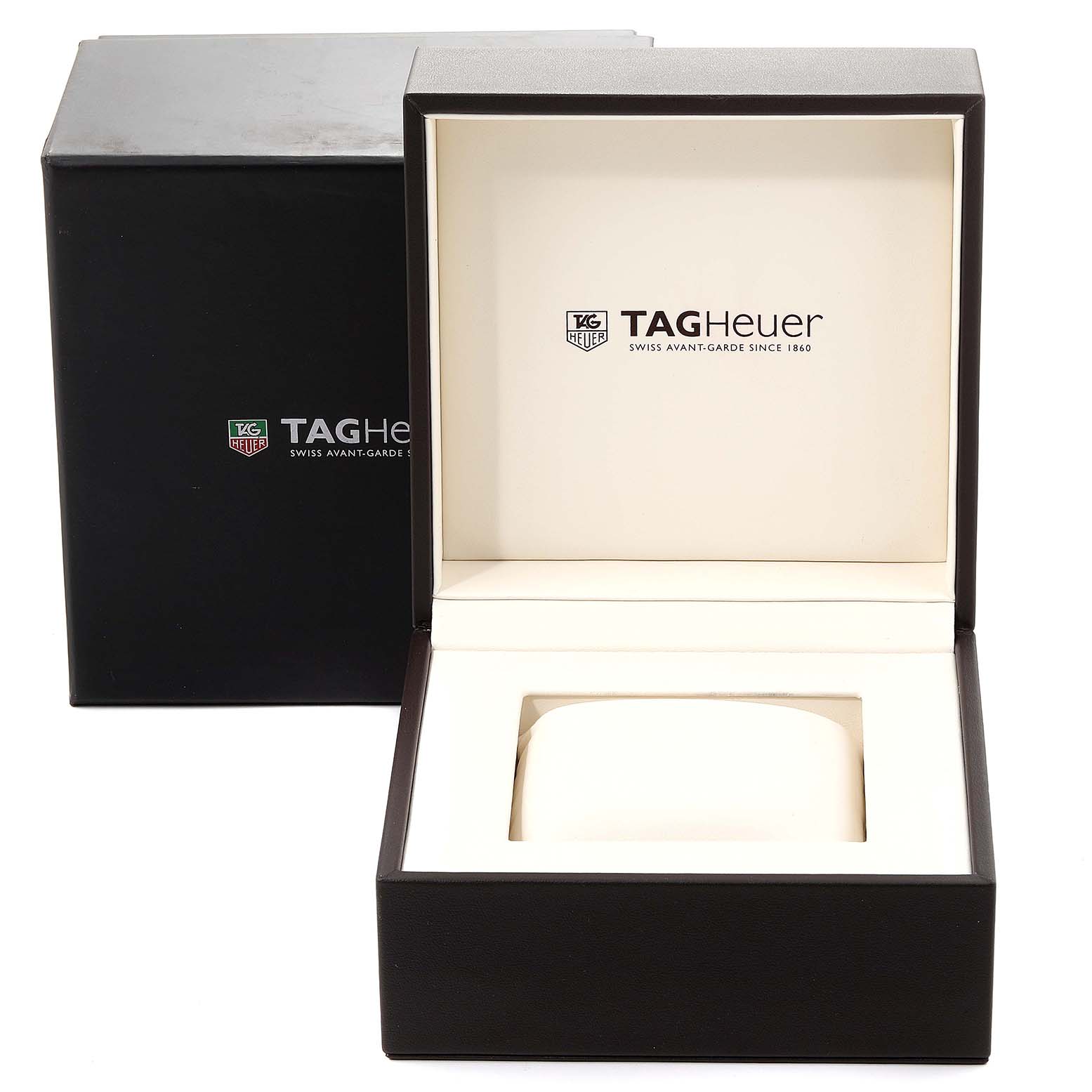 The image shows the open and closed black boxes for a Tag Heuer Carrera CAV511A Men's Stainless Steel Black Dial CAV511A Men's Stainless Steel Black Dial model watch, displaying the brand logo inside.