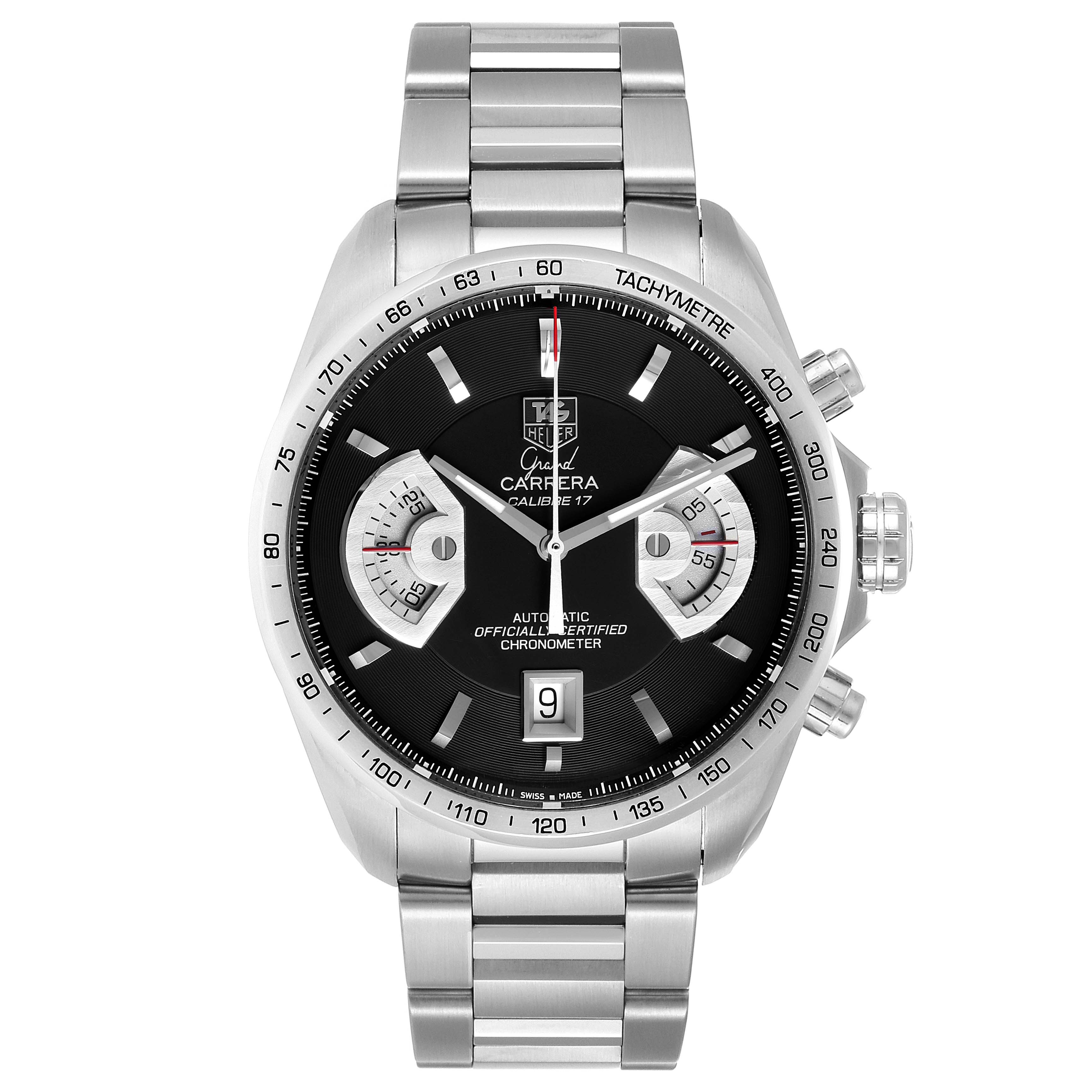 The image shows a frontal view of the Tag Heuer Carrera CAV511A Men's Stainless Steel Black Dial CAV511A Men's Stainless Steel Black Dial model watch, featuring a stainless steel band, black dial, and chronograph subdials.