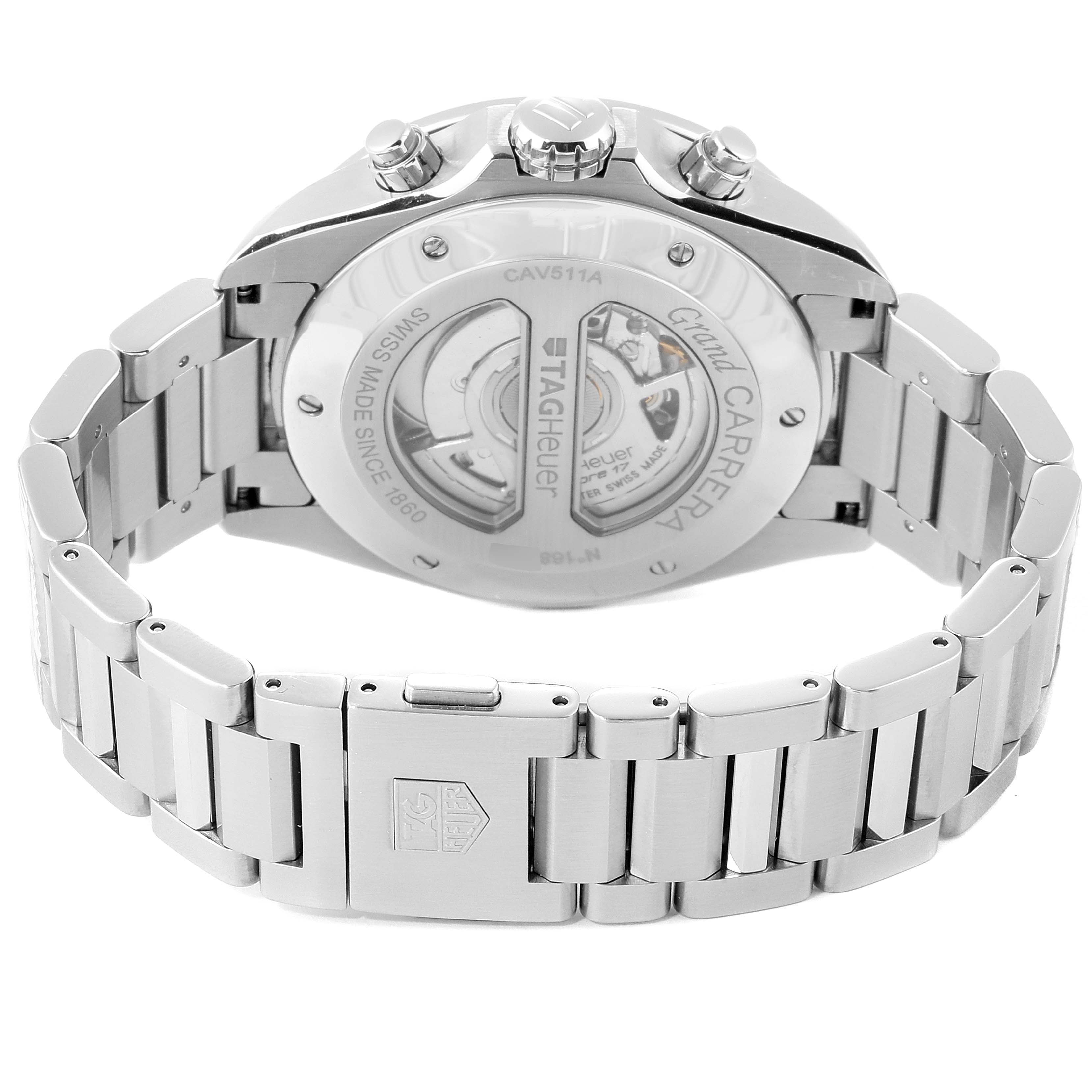 The image shows the Tag Heuer Carrera CAV511A Men's Stainless Steel Black Dial CAV511A Men's Stainless Steel Black Dial model watch from the back, highlighting its bracelet and transparent case back.