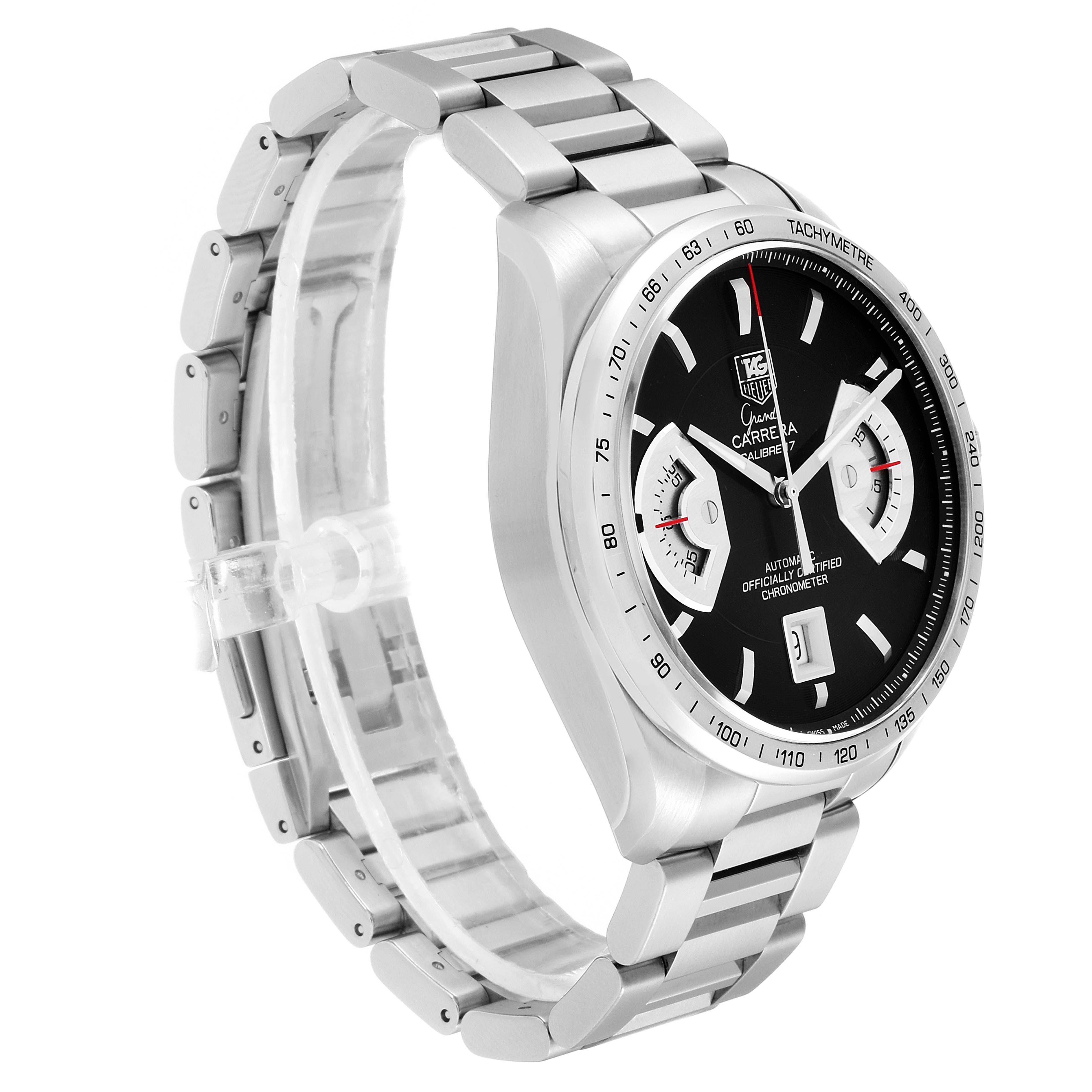 The image shows a side angle view of the Tag Heuer Carrera CAV511A Men's Stainless Steel Black Dial CAV511A Men's Stainless Steel Black Dial watch, highlighting its stainless steel bracelet and black dial.