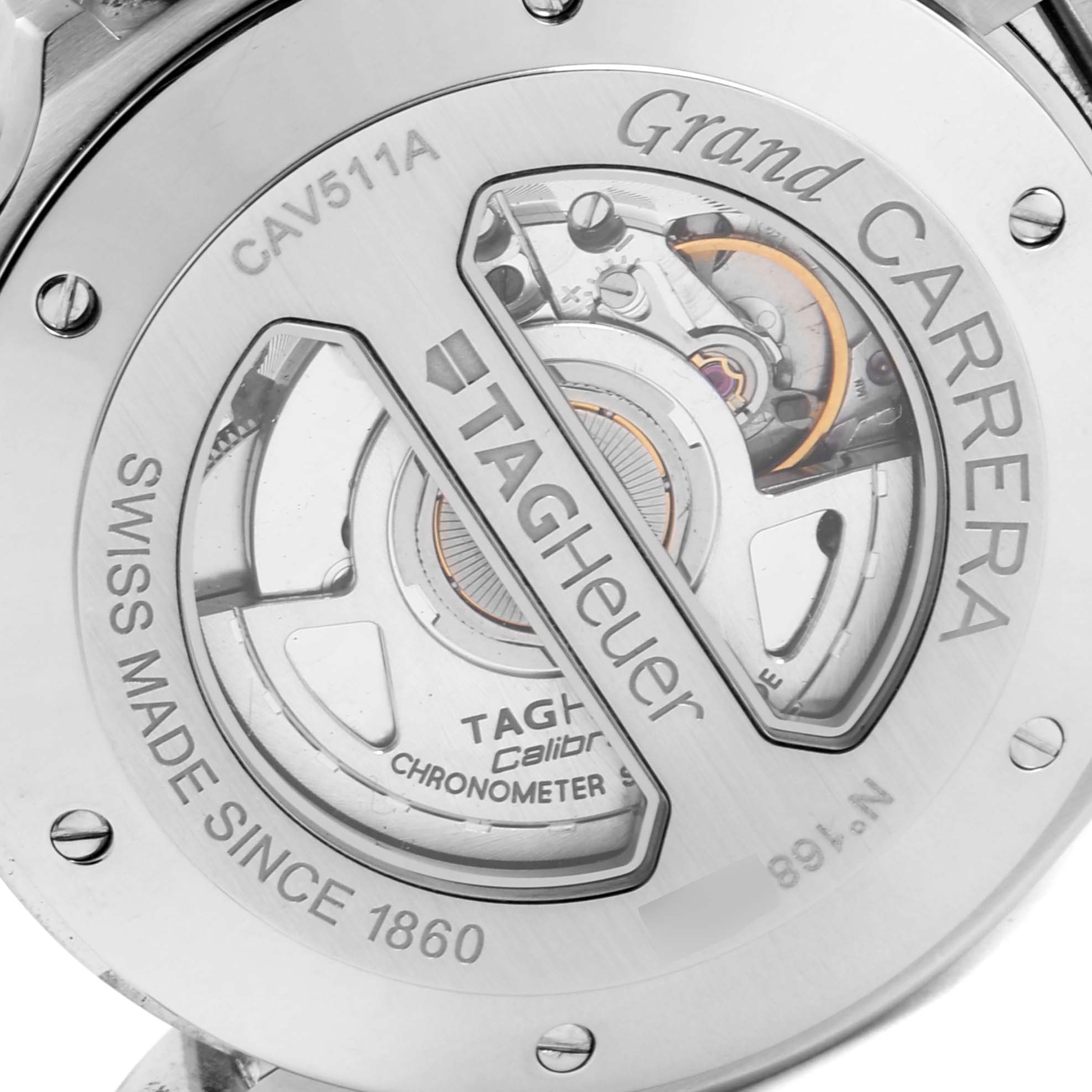 This image shows the back view of a Tag Heuer Carrera CAV511A Men's Stainless Steel Black Dial CAV511A Men's Stainless Steel Black Dial model, revealing its inner mechanics and branding.