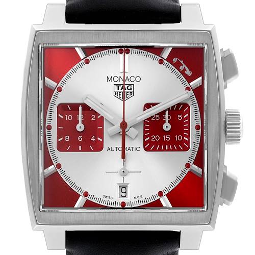The Tag Heuer Monaco watch is shown from a front angle, displaying the dial, hands, subdials, crown, case, and strap.