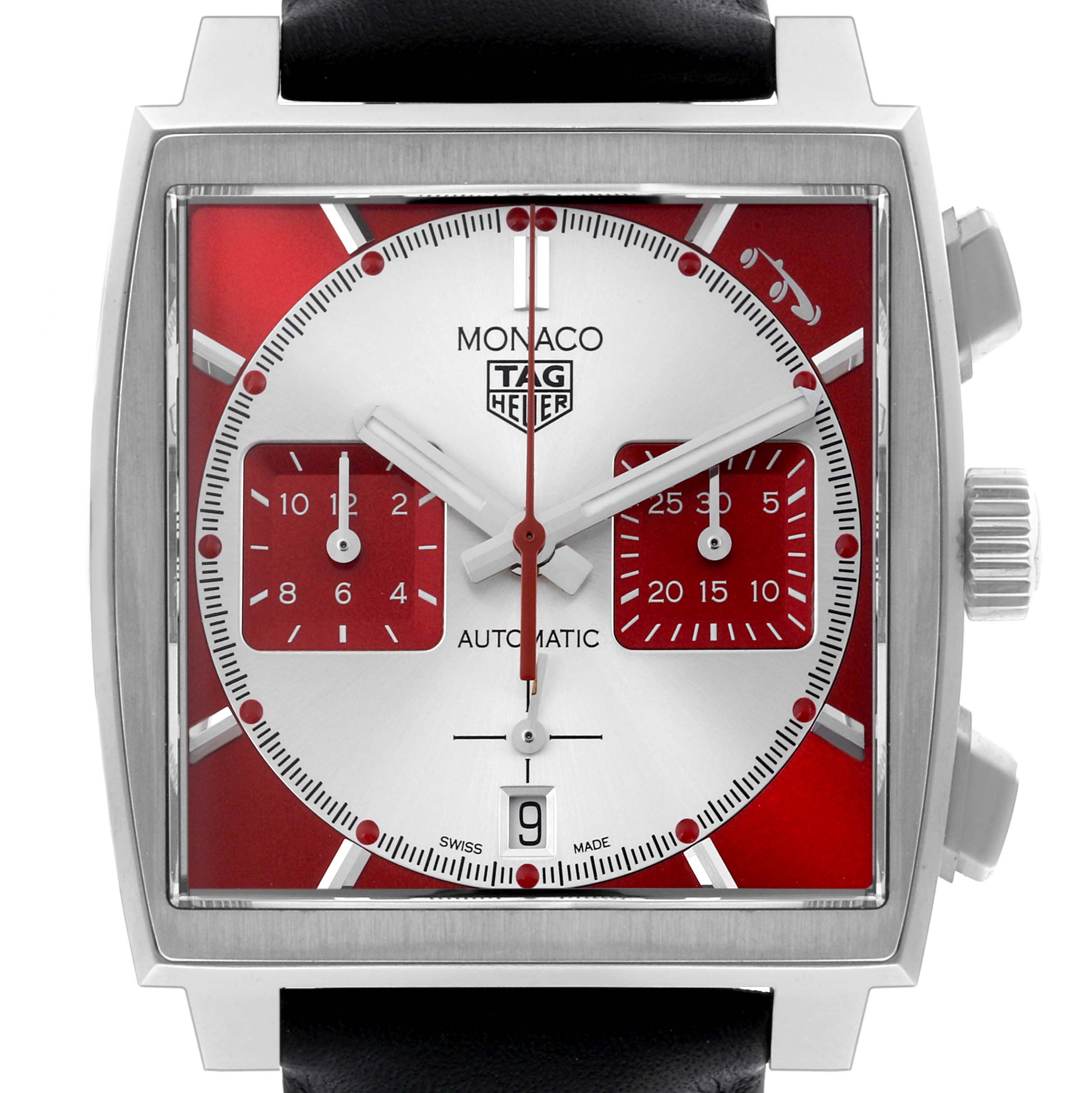 The image shows a frontal view of the Tag Heuer Monaco CBL2114.FC6486 Men's Stainless Steel Red Dial CBL2114.FC6486 Men's Stainless Steel Red Dial watch, highlighting its dial, hands, and case.