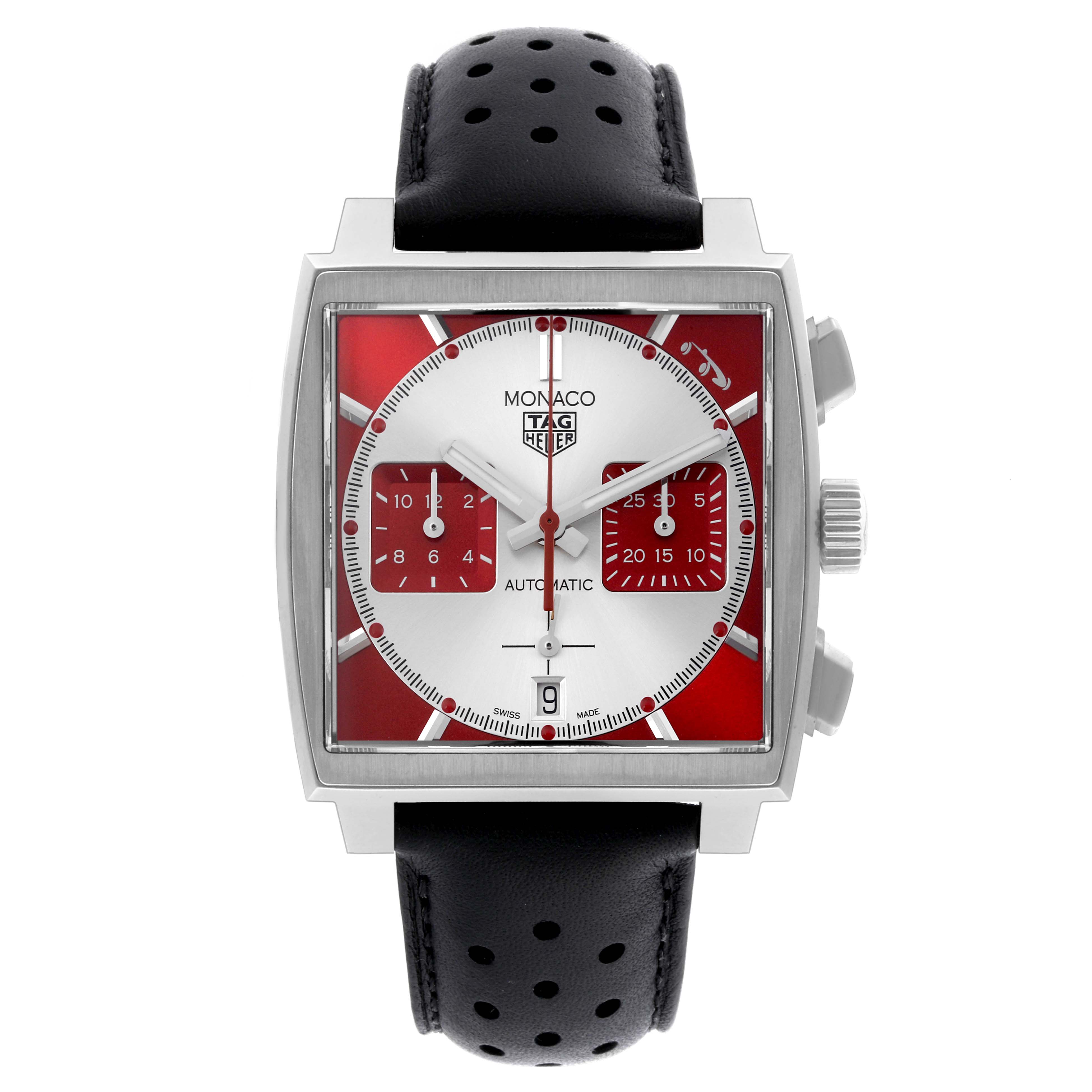 The Tag Heuer Monaco CBL2114.FC6486 Men's Stainless Steel Red Dial CBL2114.FC6486 Men's Stainless Steel Red Dial watch is shown from the front, displaying its square dial, chronograph subdials, and leather strap.
