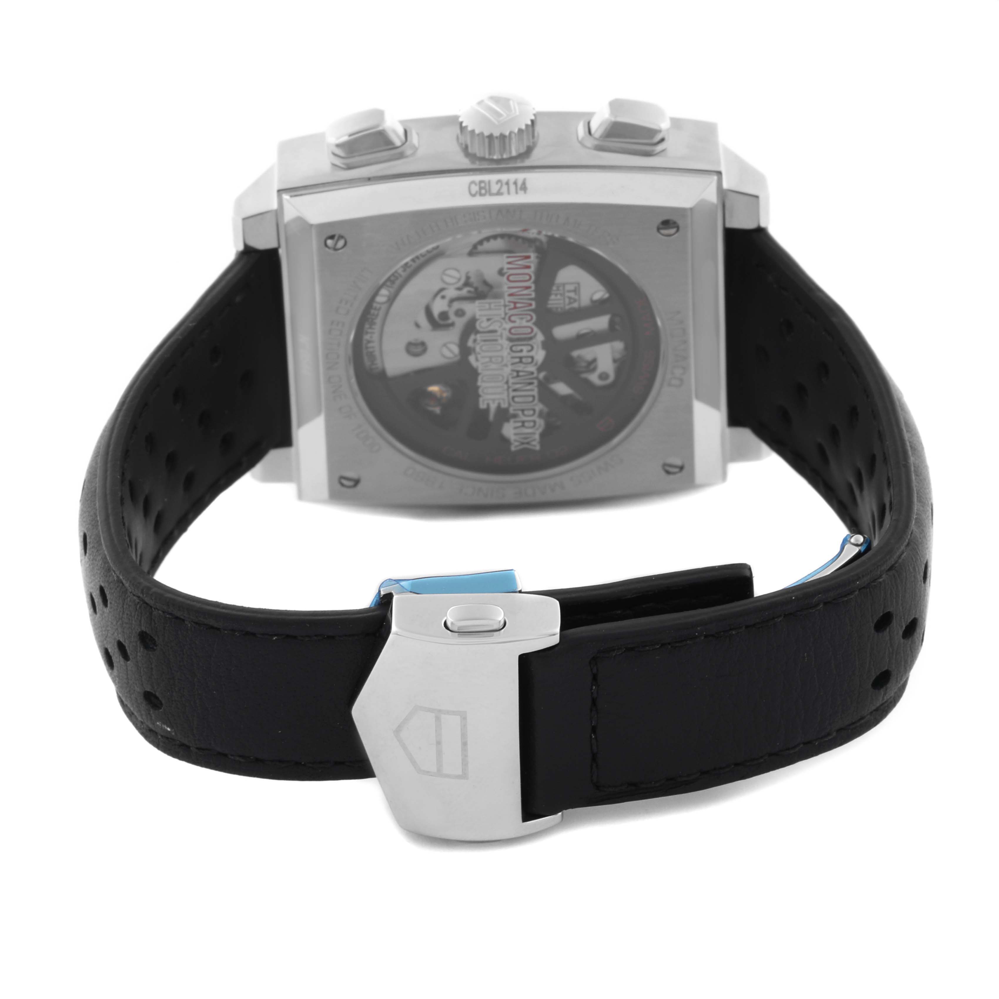 The Tag Heuer Monaco CBL2114.FC6486 Men's Stainless Steel Red Dial CBL2114.FC6486 Men's Stainless Steel Red Dial watch is shown from the back, highlighting the case, strap, and deployment clasp.