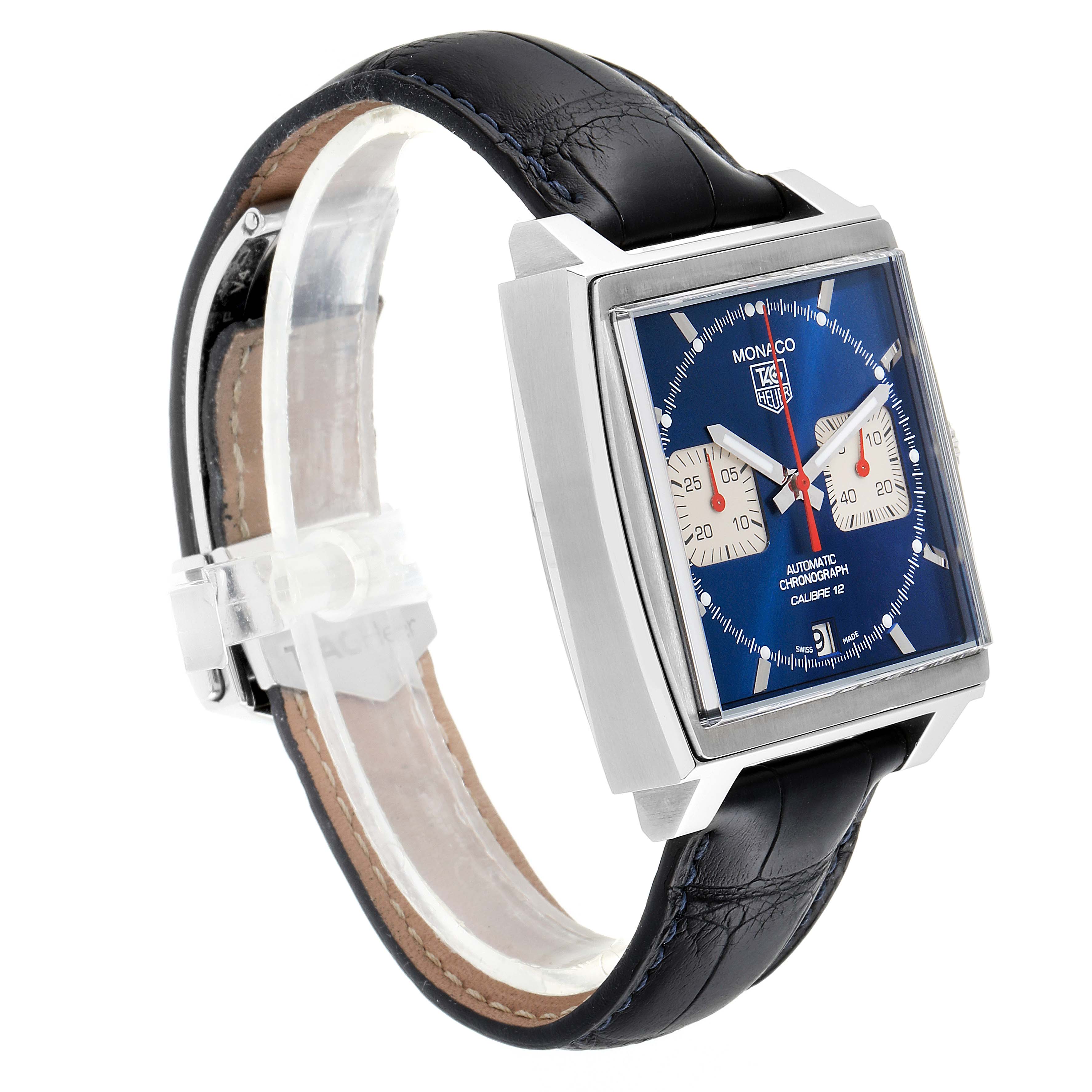 The image shows a Tag Heuer Monaco CAW2111 Men's Stainless Steel Blue Dial CAW2111 Men's Stainless Steel Blue Dial watch angled from the right side, displaying its square dial, blue face, and black leather strap.