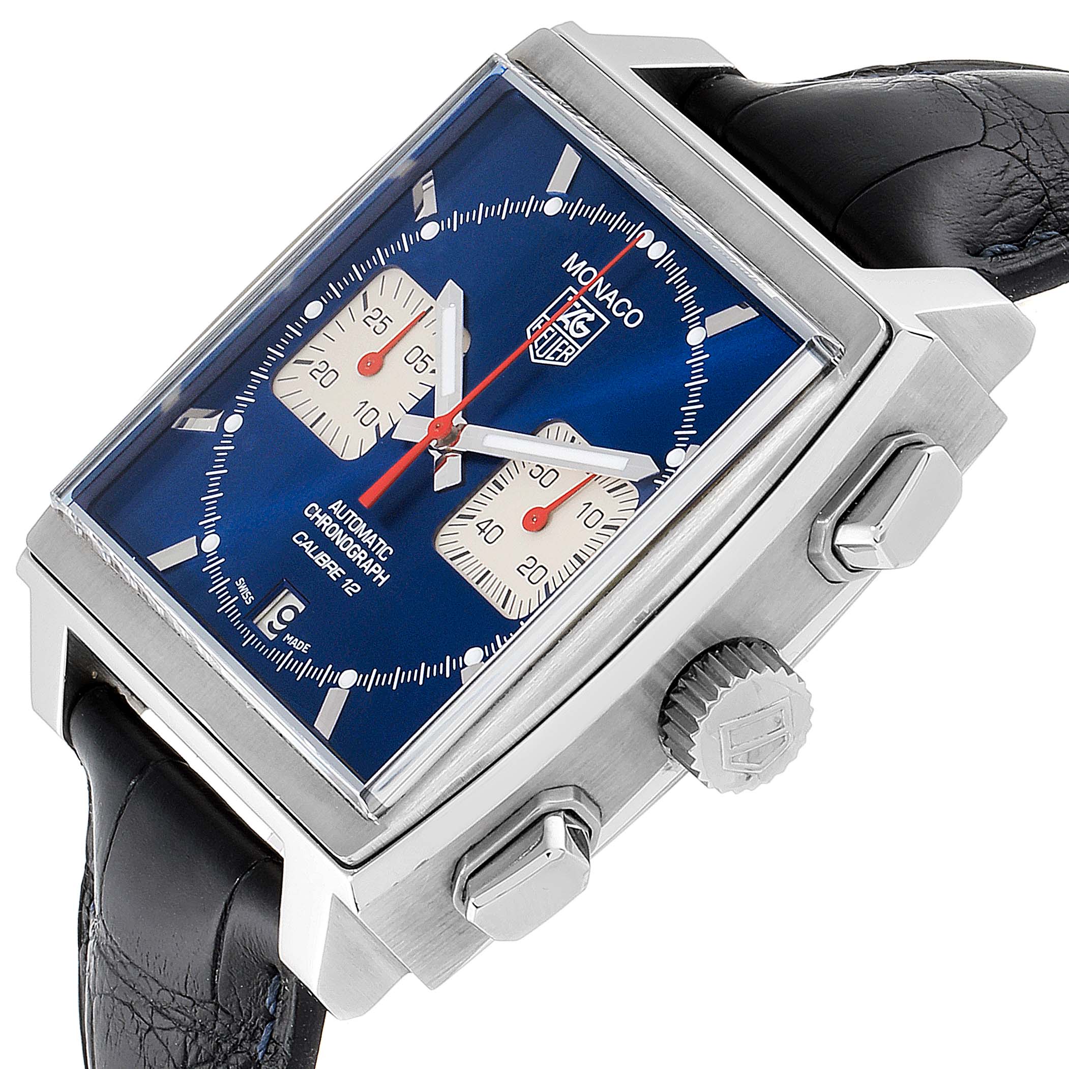 The image shows a Tag Heuer Monaco CAW2111 Men's Stainless Steel Blue Dial CAW2111 Men's Stainless Steel Blue Dial watch model at an angled side view, featuring its blue square face and black leather strap.