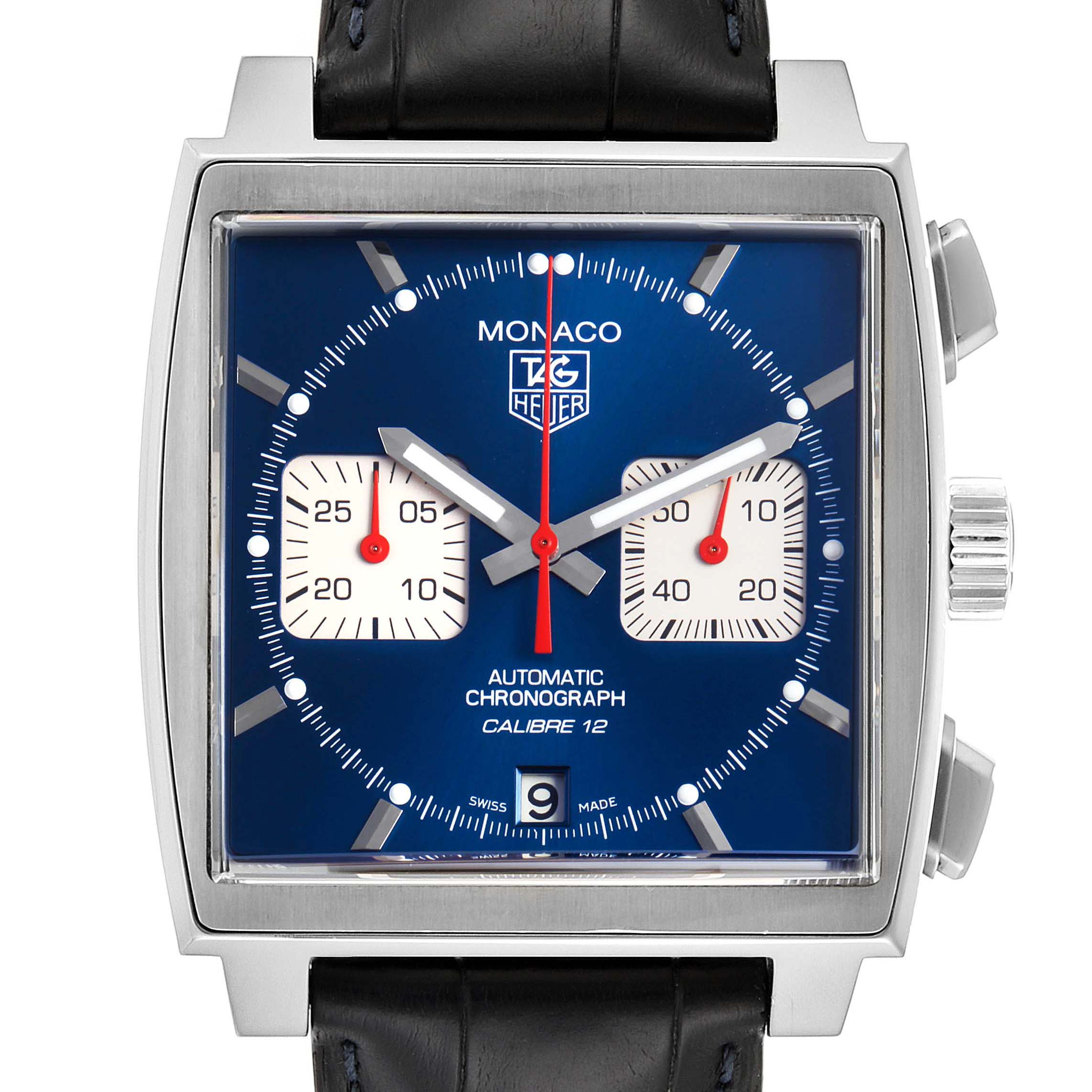 The image shows a front view of a Tag Heuer Monaco CAW2111 Men's Stainless Steel Blue Dial CAW2111 Men's Stainless Steel Blue Dial watch, featuring a blue dial, chronograph sub-dials, and a leather strap.