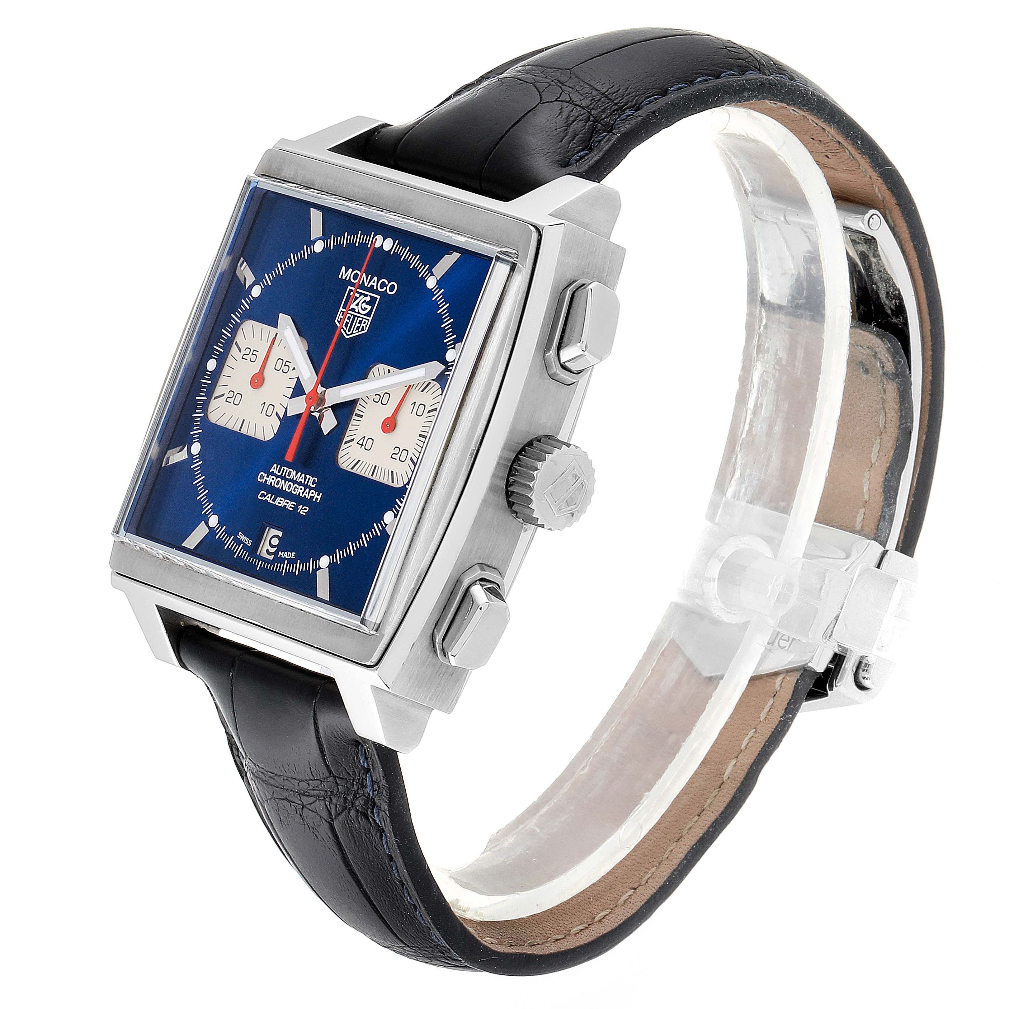 The Tag Heuer Monaco CAW2111 Men's Stainless Steel Blue Dial CAW2111 Men's Stainless Steel Blue Dial watch is displayed at an angle showcasing its blue square dial, chronograph buttons, and black leather strap.