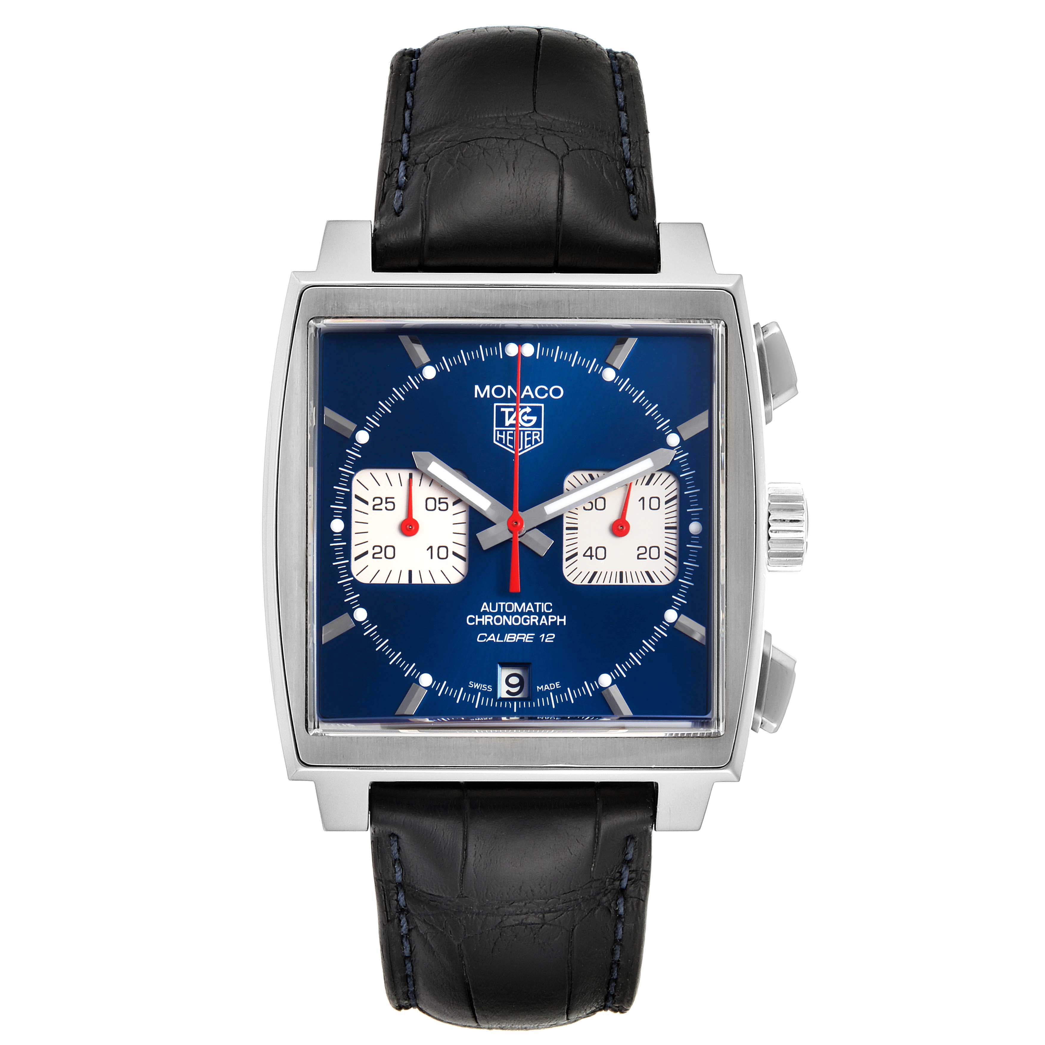 This image shows a front view of the Tag Heuer Monaco CAW2111 Men's Stainless Steel Blue Dial CAW2111 Men's Stainless Steel Blue Dial watch, highlighting its square face, chronograph dials, and black leather strap.
