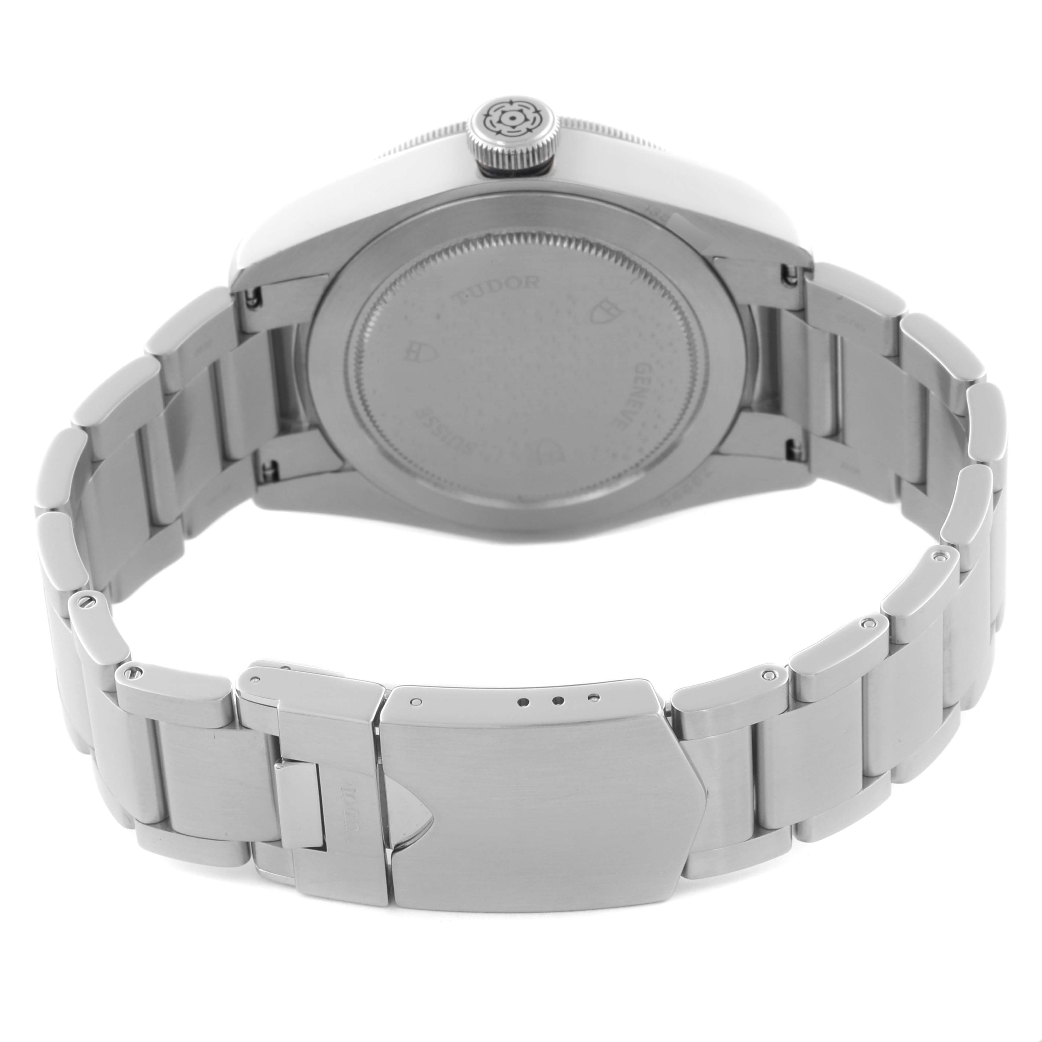 The image shows the back of the Tudor Heritage Black Bay 79220B Men
s Stainless Steel Black Dial 79220B Men
s Stainless Steel Black Dial watch, including the bracelet and clasp.