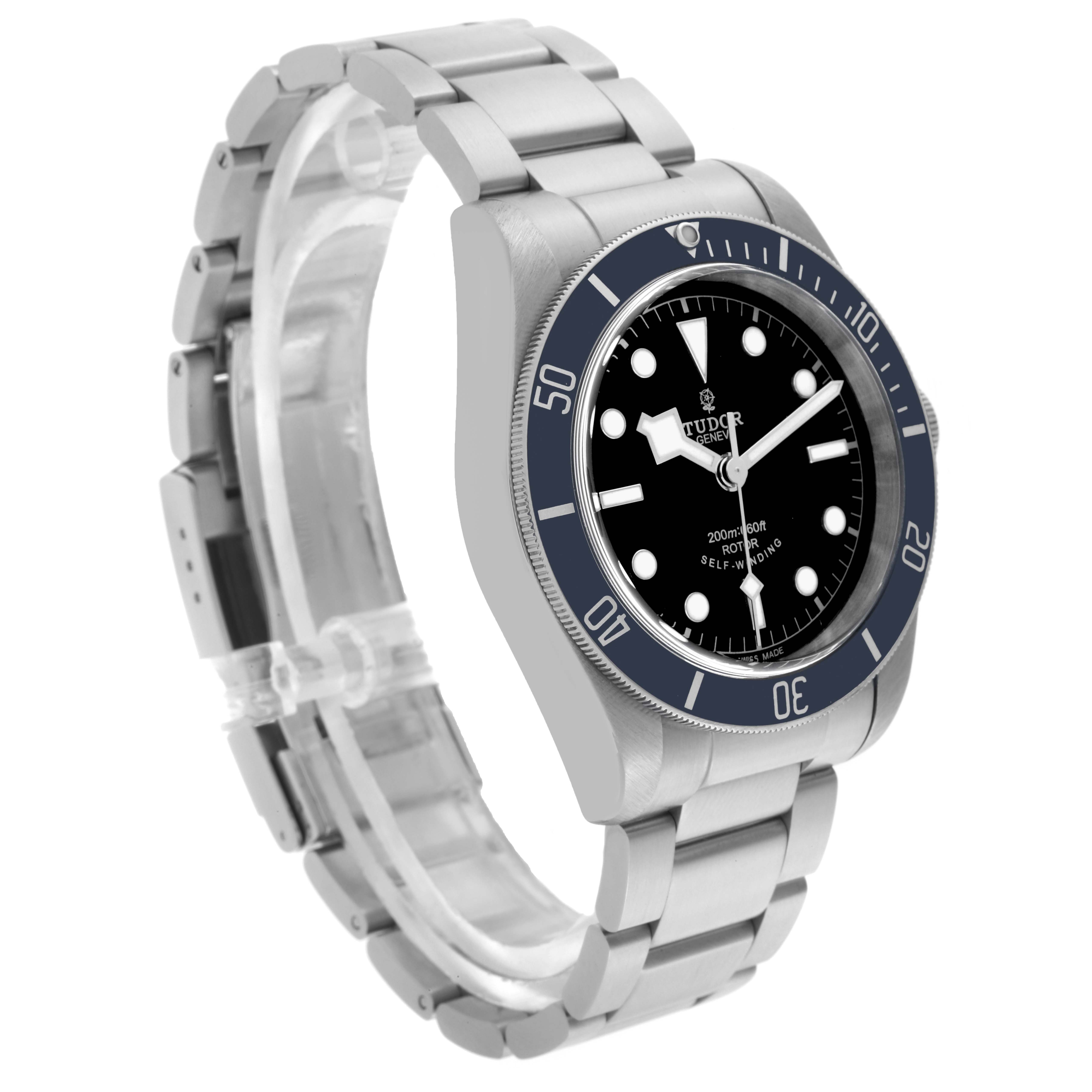 The Tudor Heritage Black Bay 79220B Men
s Stainless Steel Black Dial 79220B Men
s Stainless Steel Black Dial watch is shown at a three-quarter angle, highlighting its stainless steel case and bracelet.