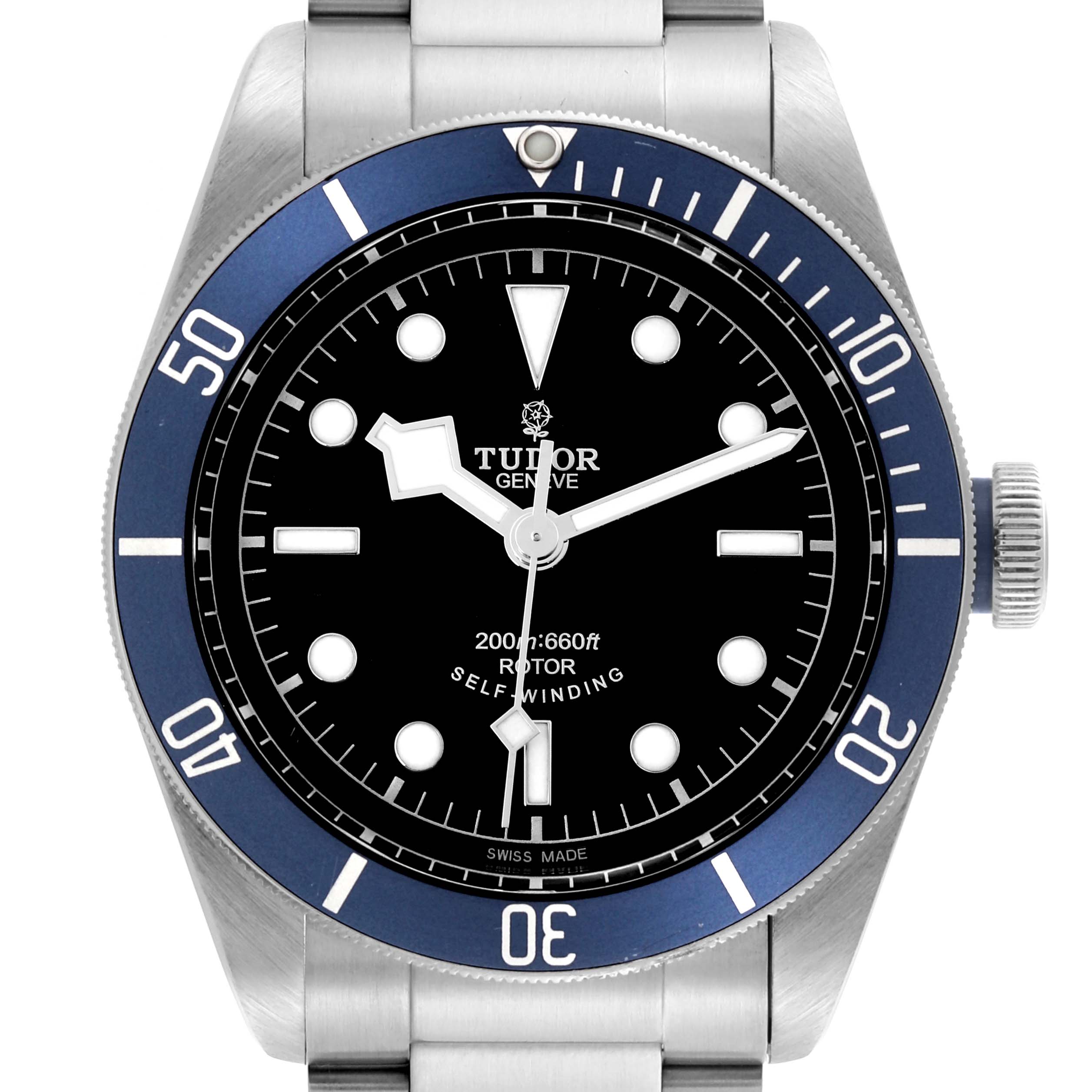 The Tudor Heritage Black Bay 79220B Men
s Stainless Steel Black Dial 79220B Men
s Stainless Steel Black Dial watch is shown from a front angle, highlighting the bezel, dial, and bracelet.