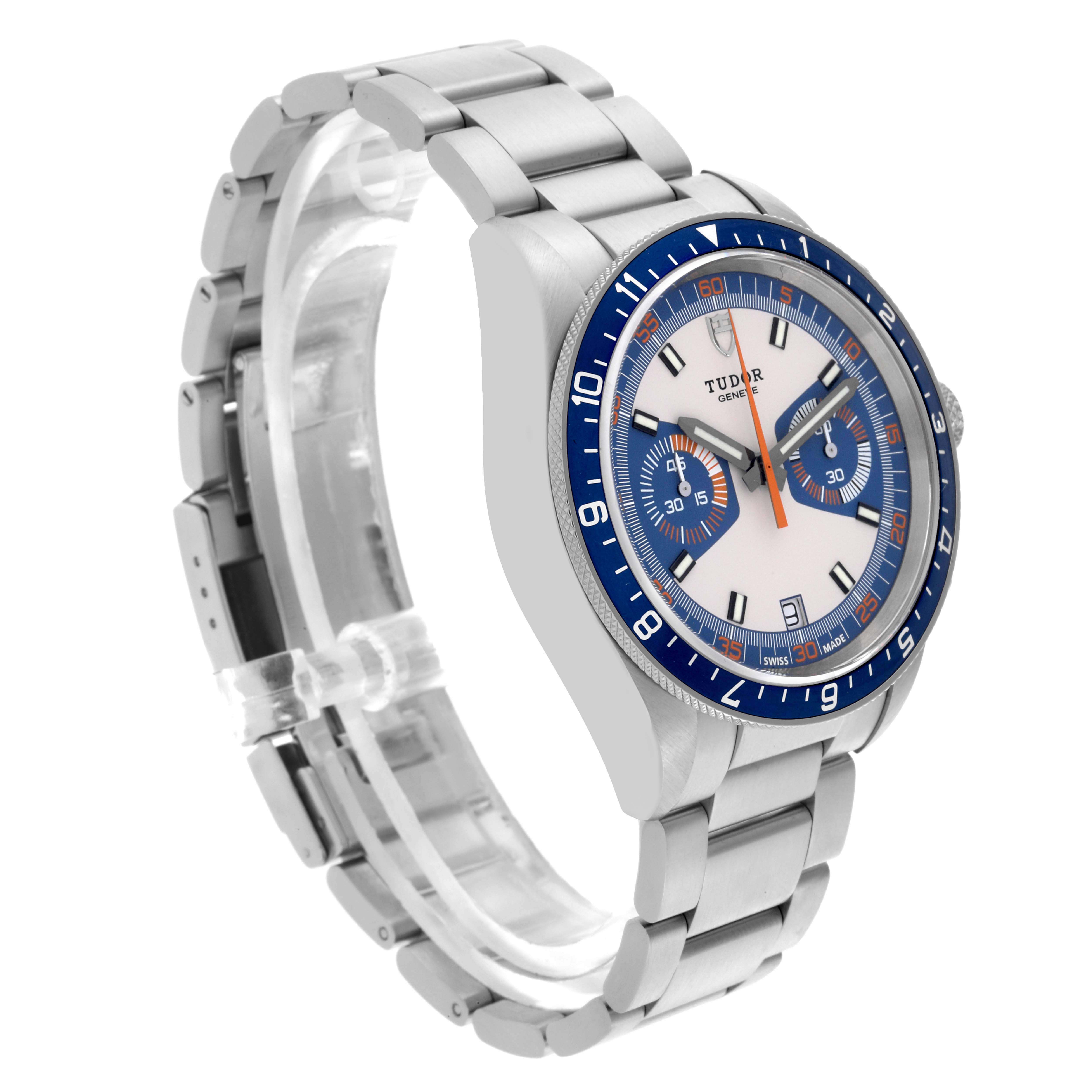 The Tudor Heritage Chrono 70330 Men's Stainless Steel Blue Dial 70330 Men's Stainless Steel Blue Dial watch is shown at a three-quarter angle, displaying its face, bezel, and bracelet.