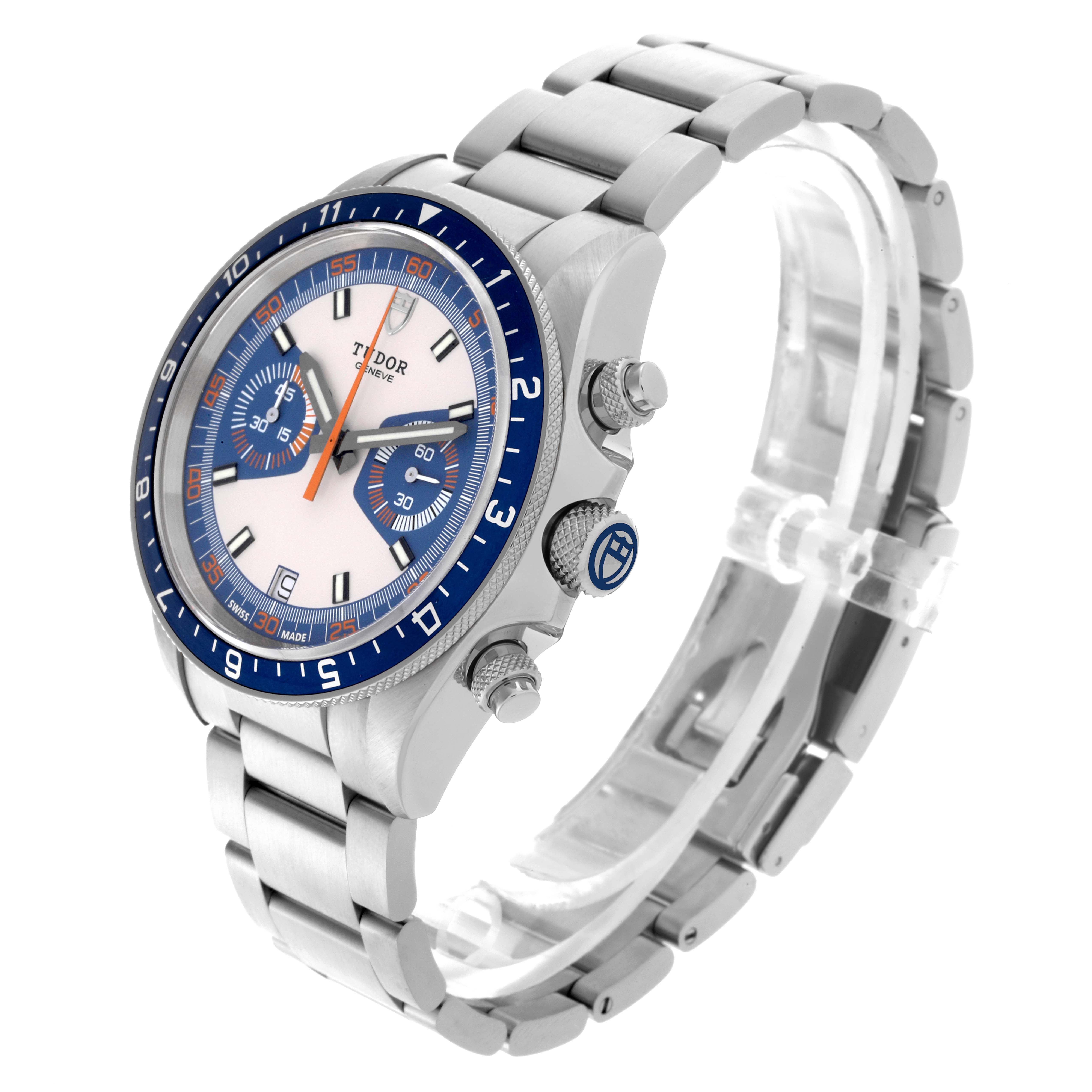 The Tudor Heritage Chrono 70330 Men's Stainless Steel Blue Dial 70330 Men's Stainless Steel Blue Dial is shown at a 3/4 angle, highlighting the face, bezel, and bracelet.