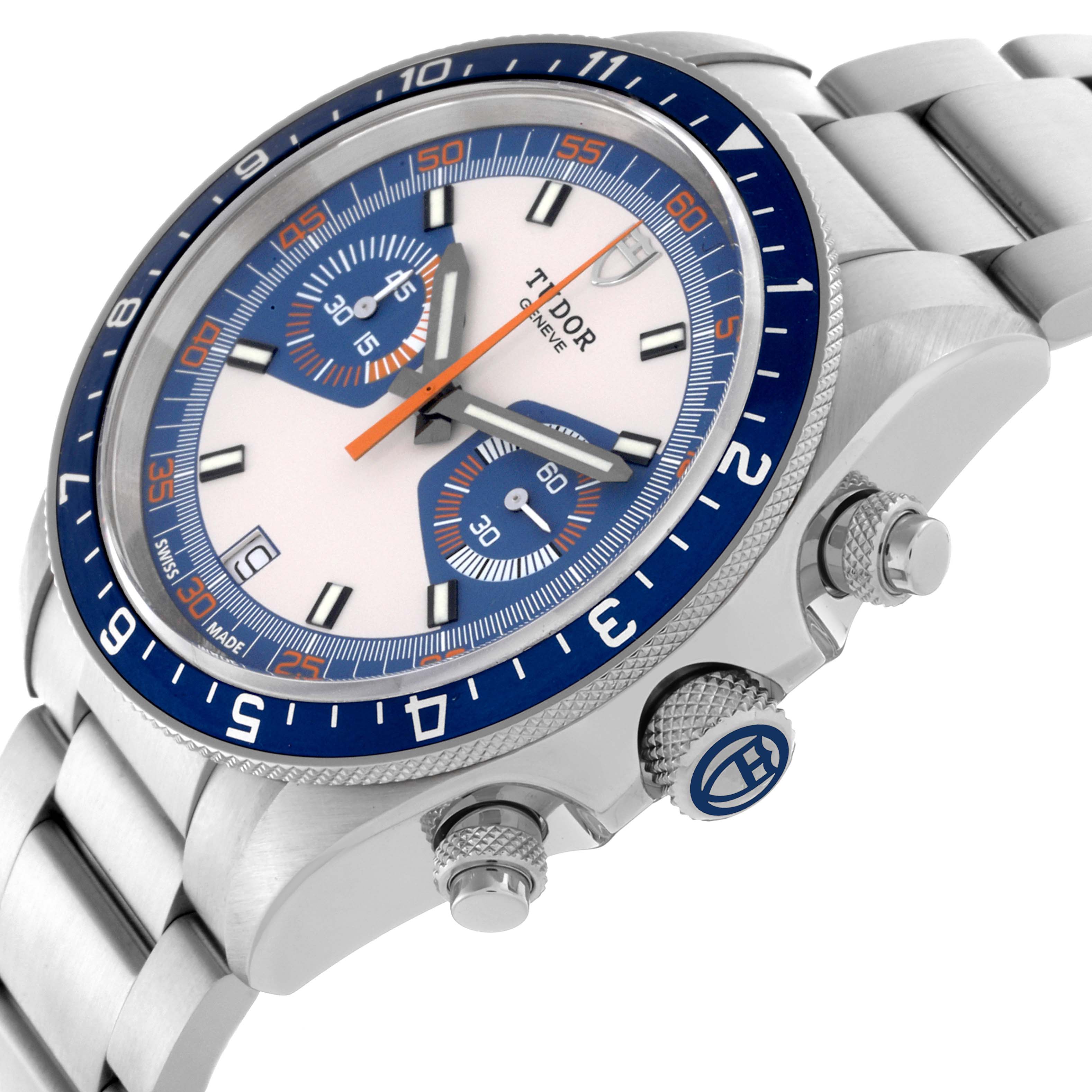 The Tudor Heritage Chrono 70330 Men's Stainless Steel Blue Dial 70330 Men's Stainless Steel Blue Dial is shown at an angled side view, highlighting the bezel, dial, pushers, and crown.