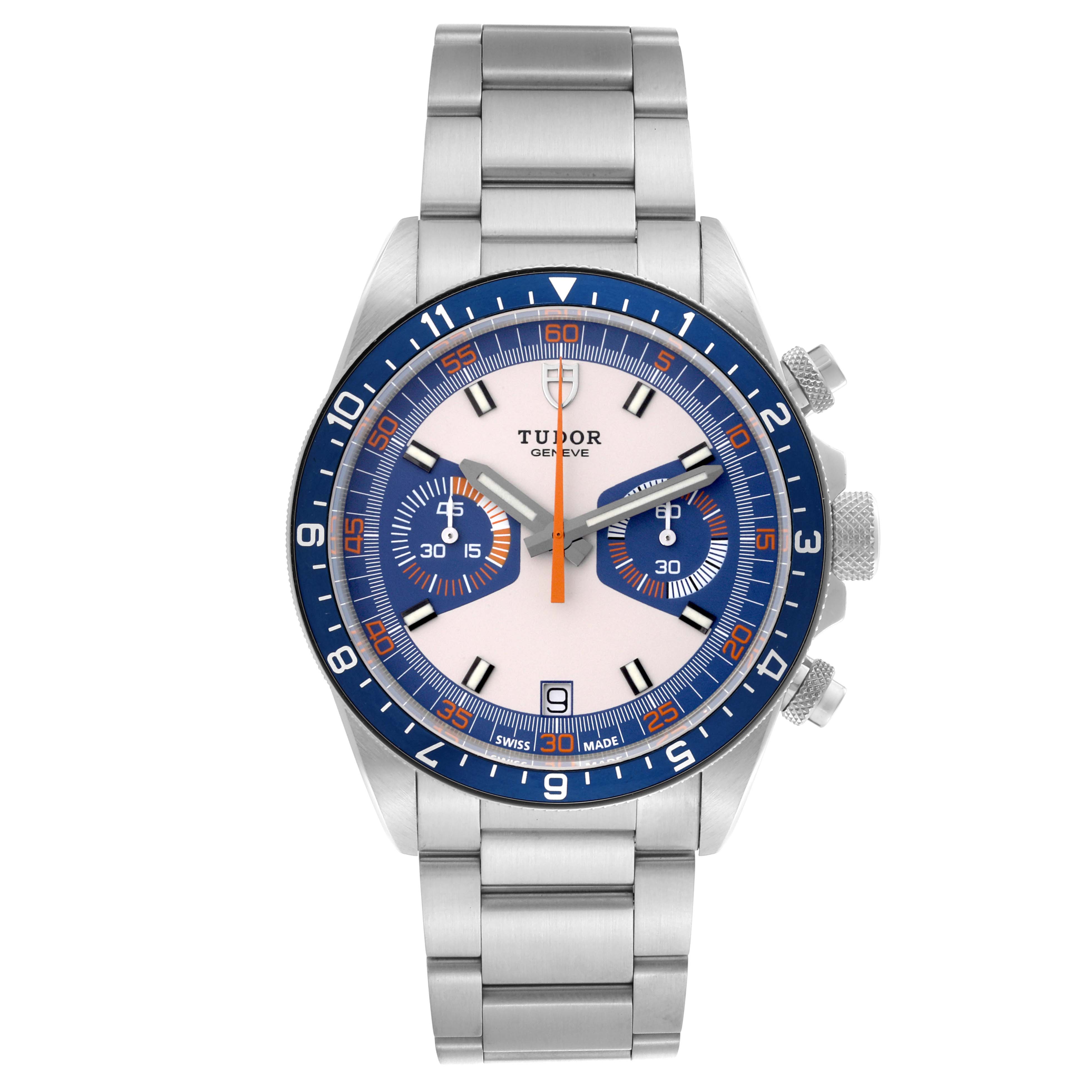 The Tudor Heritage Chrono 70330 Men's Stainless Steel Blue Dial 70330 Men's Stainless Steel Blue Dial watch is shown from the front, displaying its bezel, dial, hands, and bracelet.