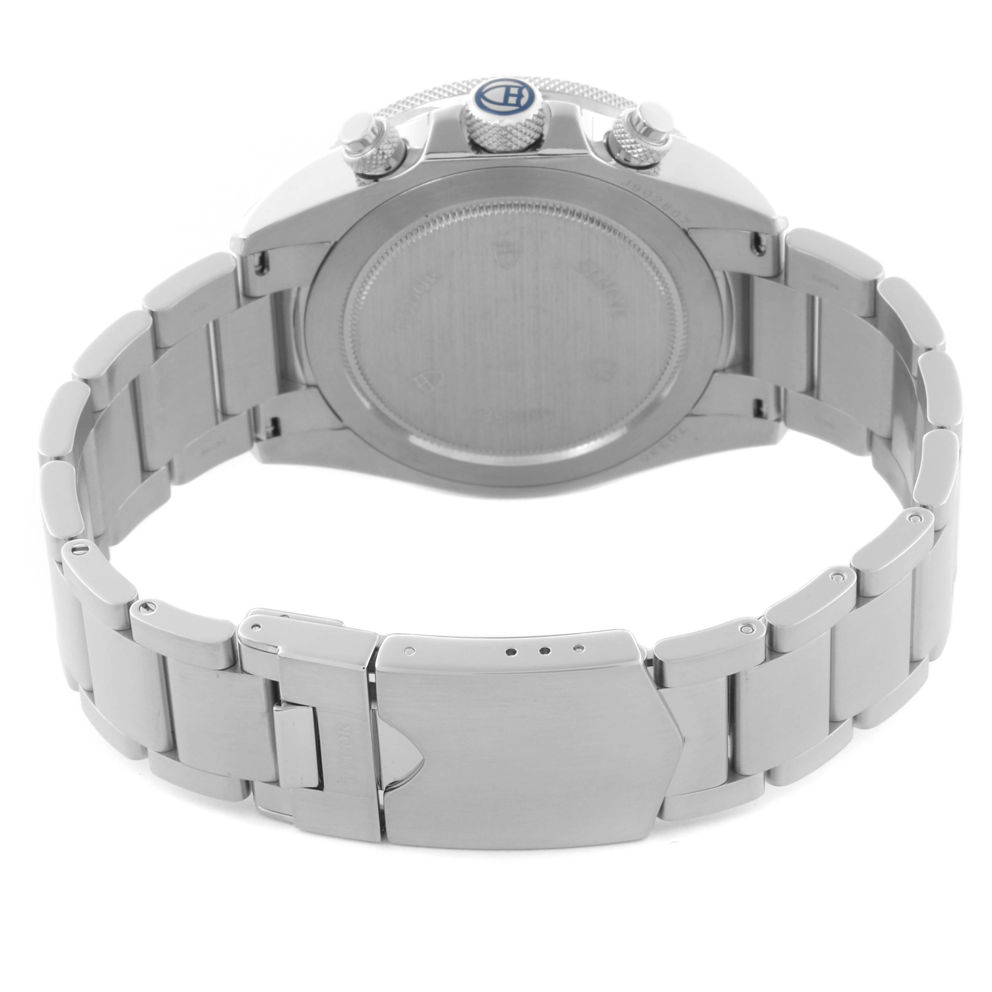 The image shows the Tudor Heritage Chrono 70330 Men's Stainless Steel Blue Dial 70330 Men's Stainless Steel Blue Dial from the back, highlighting the case back, crown, pushers, and bracelet clasp.
