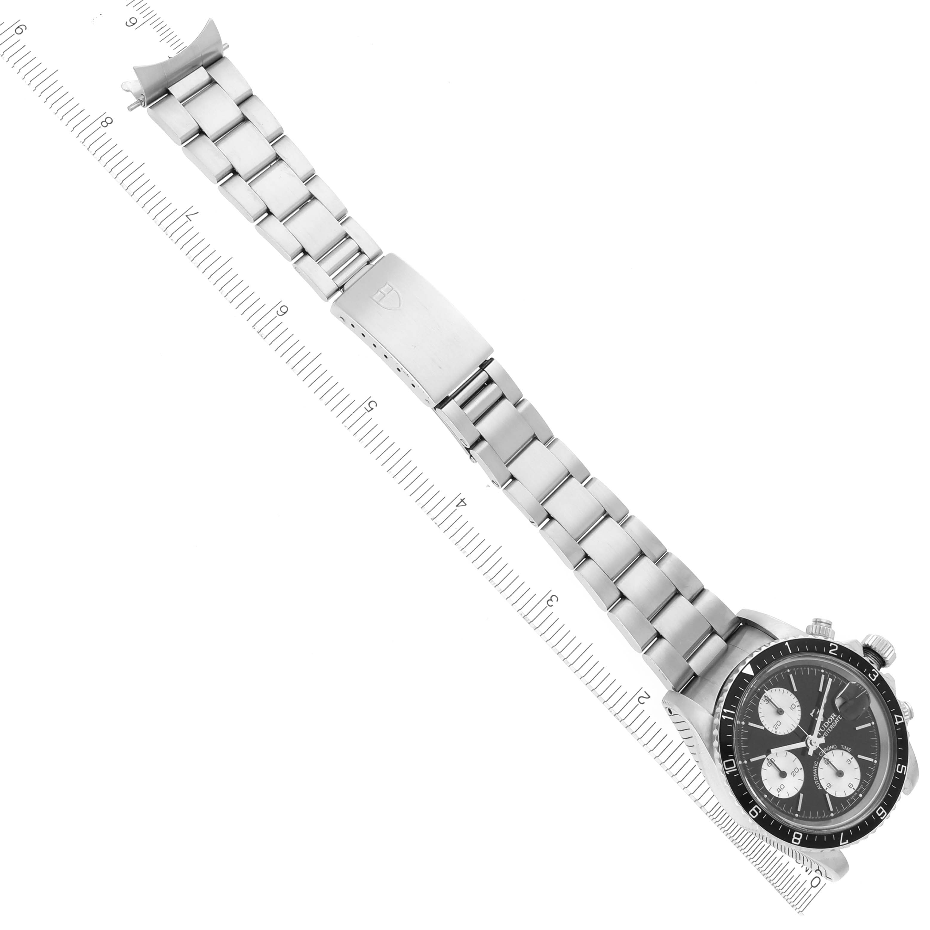 The Tudor Big Block 79170 Men's Stainless Steel Black Dial 79170 Men's Stainless Steel Black Dial watch is shown from above, displaying the face, dial, bracelet, and clasp.