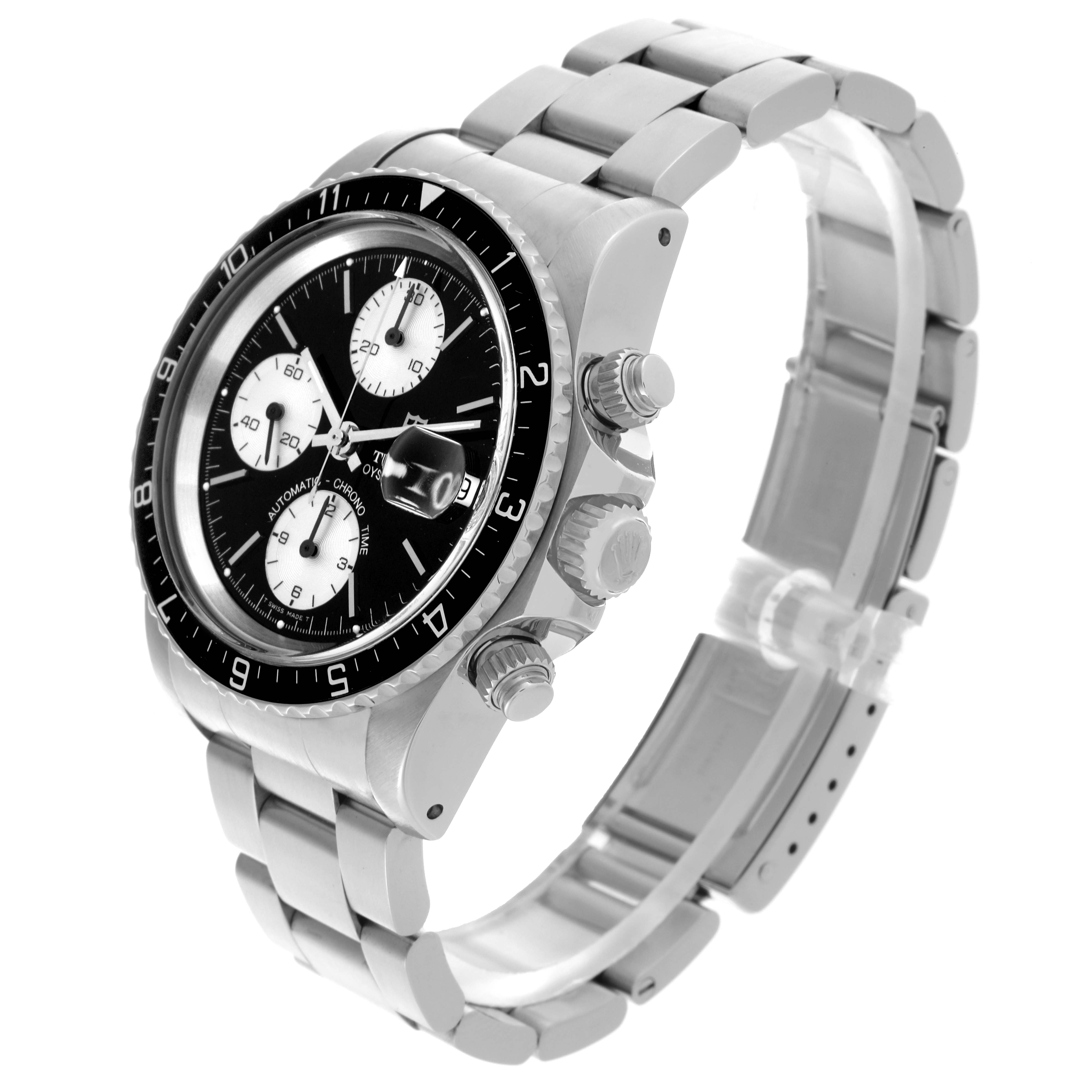 The Tudor Big Block 79170 Men's Stainless Steel Black Dial 79170 Men's Stainless Steel Black Dial watch is shown at an angle displaying the dial, bezel, pushers, crown, and bracelet.