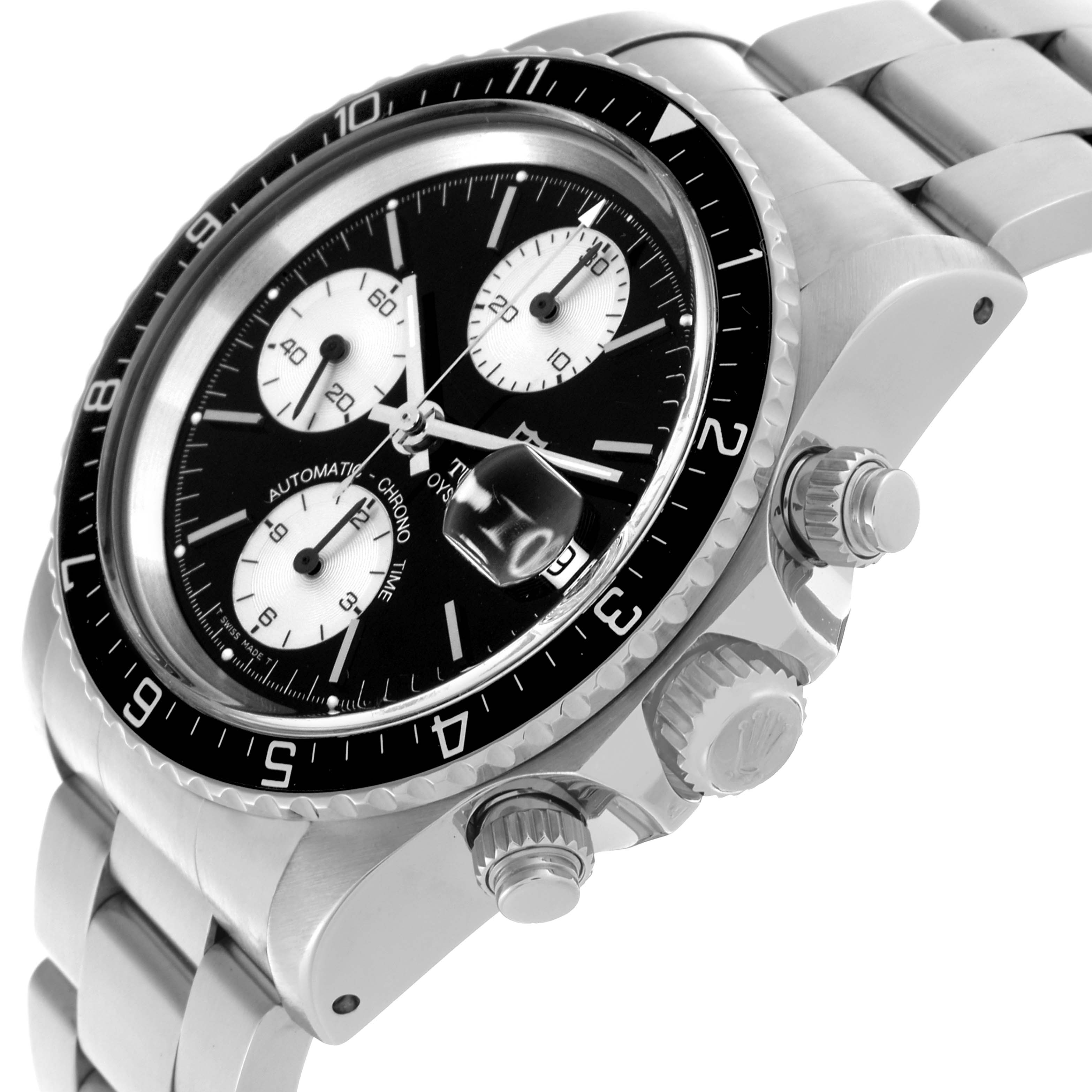 The Tudor Big Block 79170 Men's Stainless Steel Black Dial 79170 Men's Stainless Steel Black Dial watch is shown at an angle highlighting the bezel, dial, crown, pushers, and part of the bracelet.