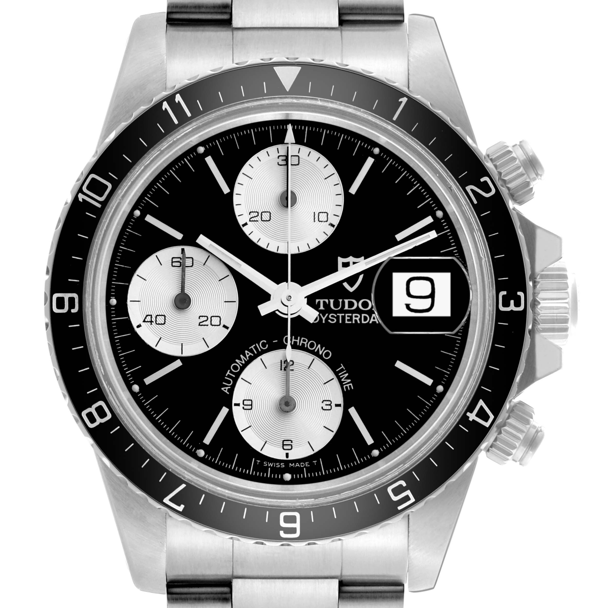 The Tudor Big Block 79170 Men's Stainless Steel Black Dial 79170 Men's Stainless Steel Black Dial watch is shown from a top view, highlighting the bezel, subdials, and date window.