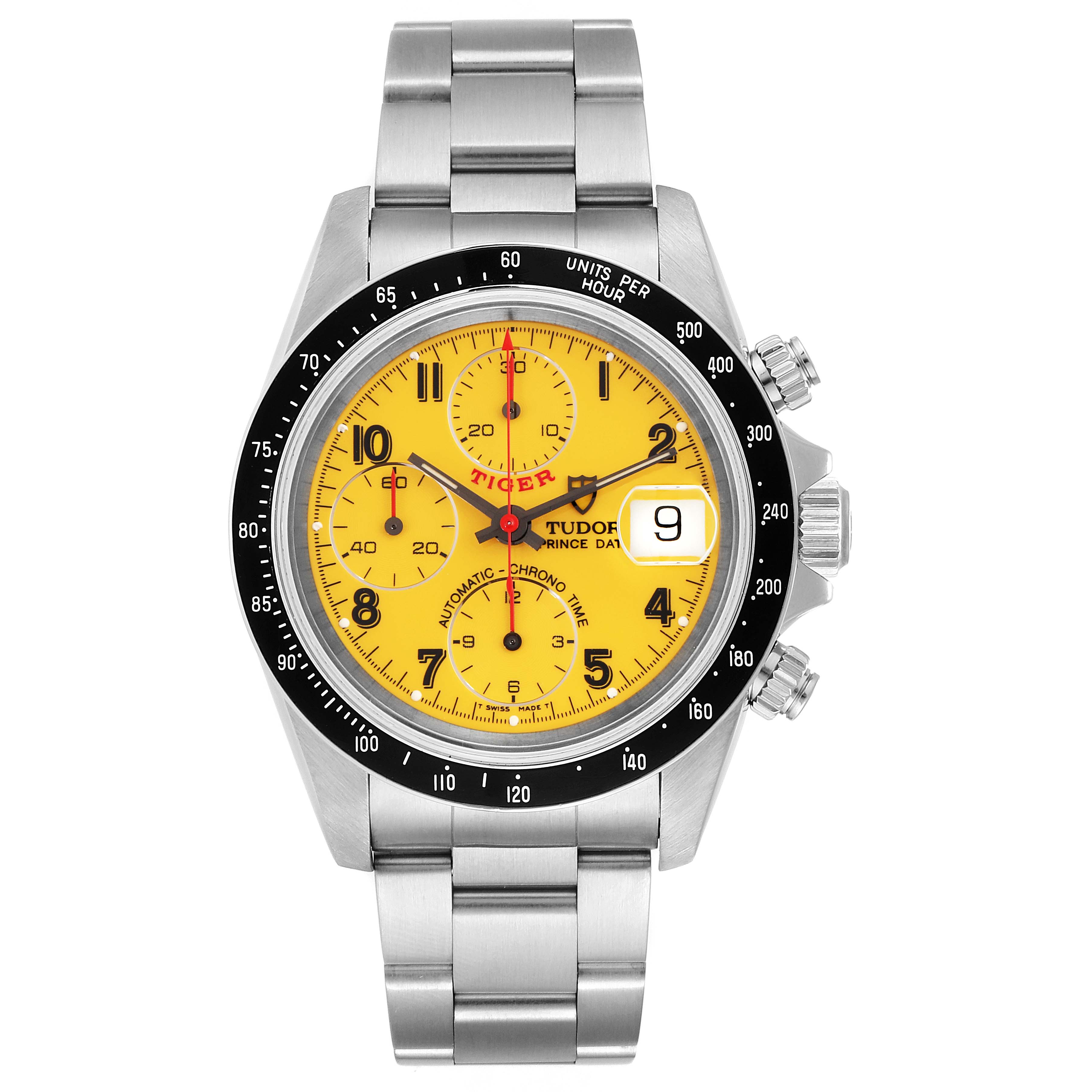 The Tudor Tiger 79260 Men's Stainless Steel Yellow Dial 79260 Men's Stainless Steel Yellow Dial watch is shown from a front angle, displaying its yellow dial, chronograph subdials, date window, and stainless steel bracelet.