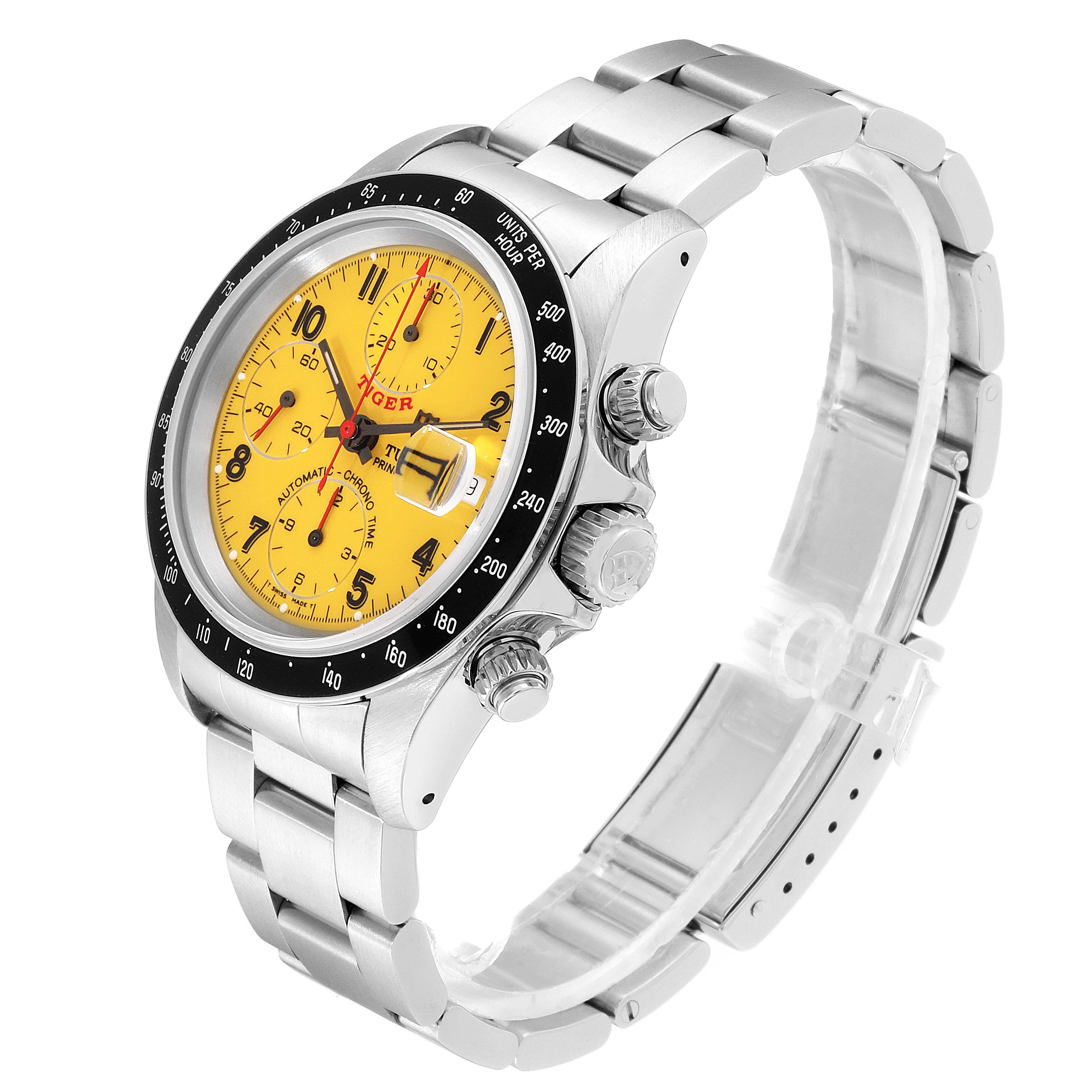 The image shows a Tudor Tiger 79260 Men's Stainless Steel Yellow Dial 79260 Men's Stainless Steel Yellow Dial model watch at a three-quarter angle, highlighting the face, bezel, case, and bracelet.