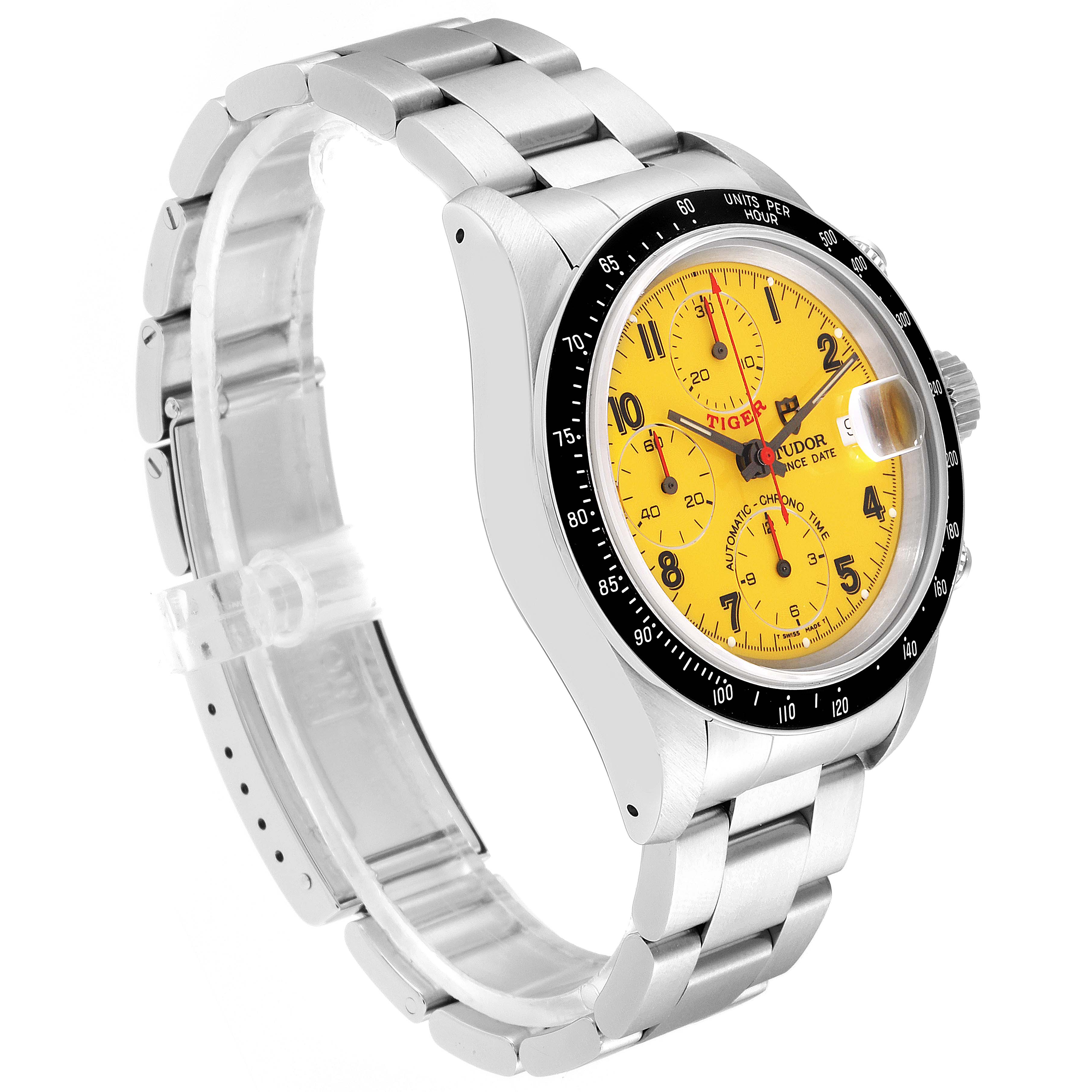 The Tudor Tiger 79260 Men's Stainless Steel Yellow Dial 79260 Men's Stainless Steel Yellow Dial model watch is shown at an oblique angle, highlighting its yellow dial, stainless steel bracelet, and bezel with crown.