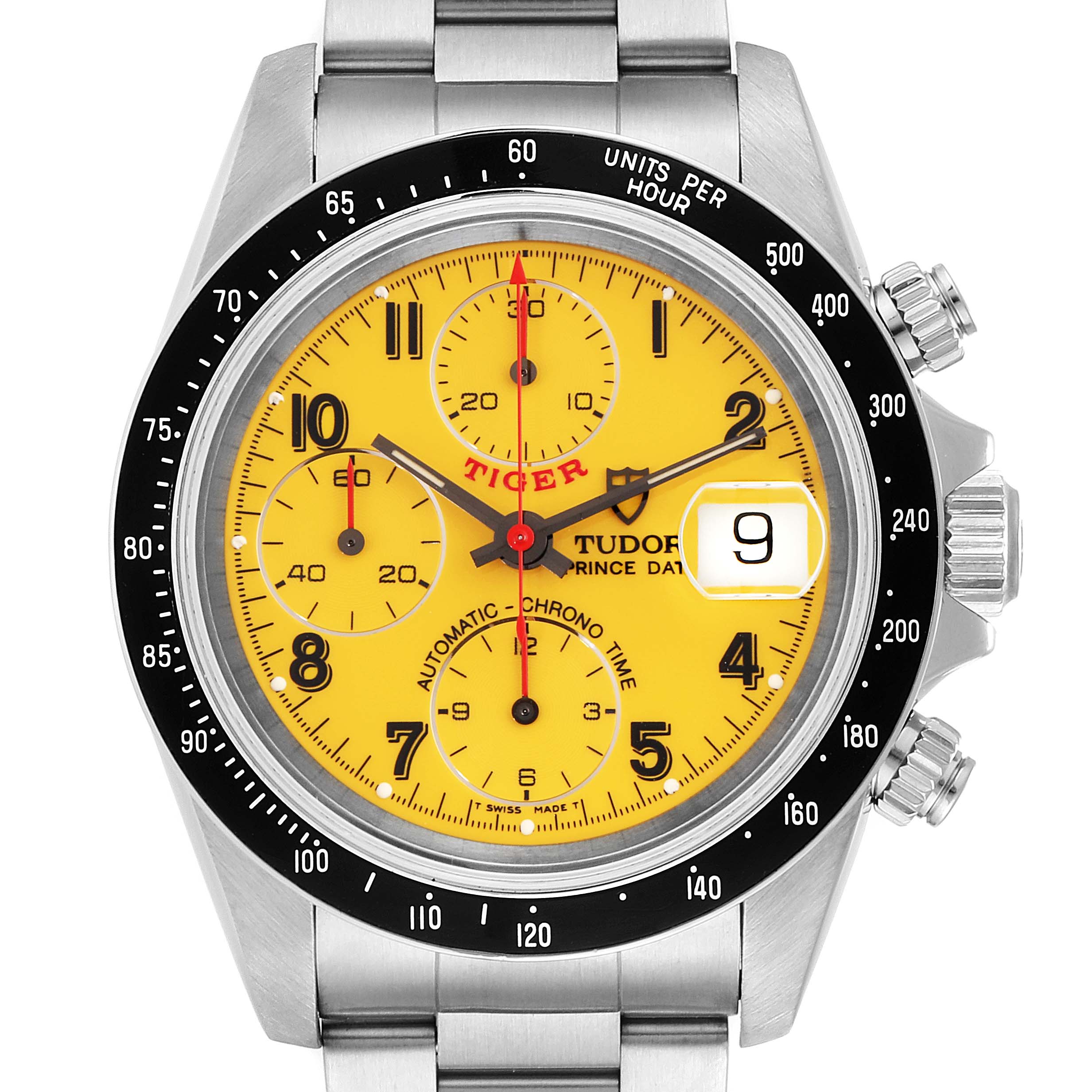 The image shows a frontal view of the Tudor Tiger 79260 Men's Stainless Steel Yellow Dial 79260 Men's Stainless Steel Yellow Dial model watch, showcasing its yellow dial, chronograph sub-dials, and date window.