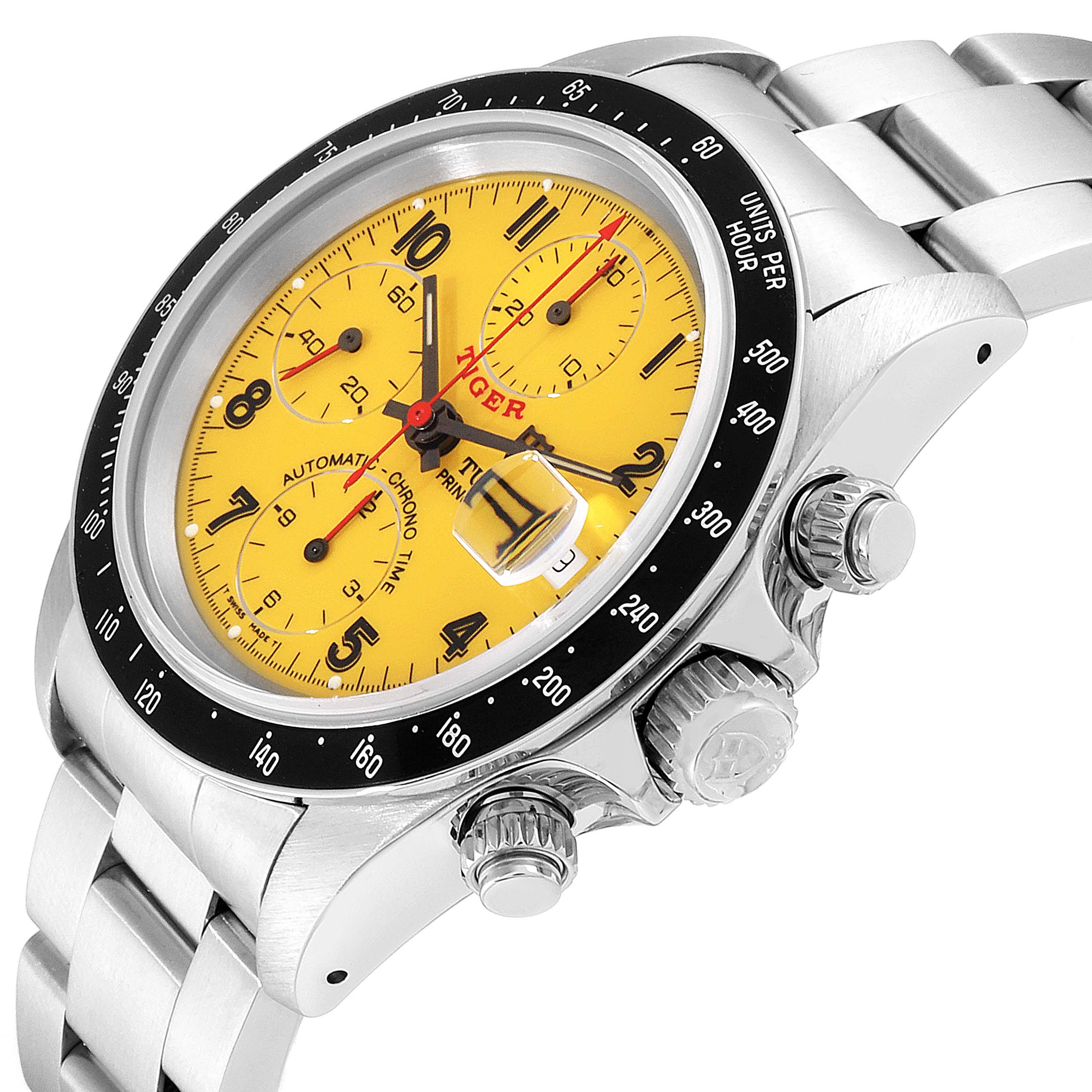The Tudor Tiger 79260 Men's Stainless Steel Yellow Dial 79260 Men's Stainless Steel Yellow Dial model watch is shown at an angle highlighting its yellow dial, chronograph sub-dials, bezel, and side buttons.