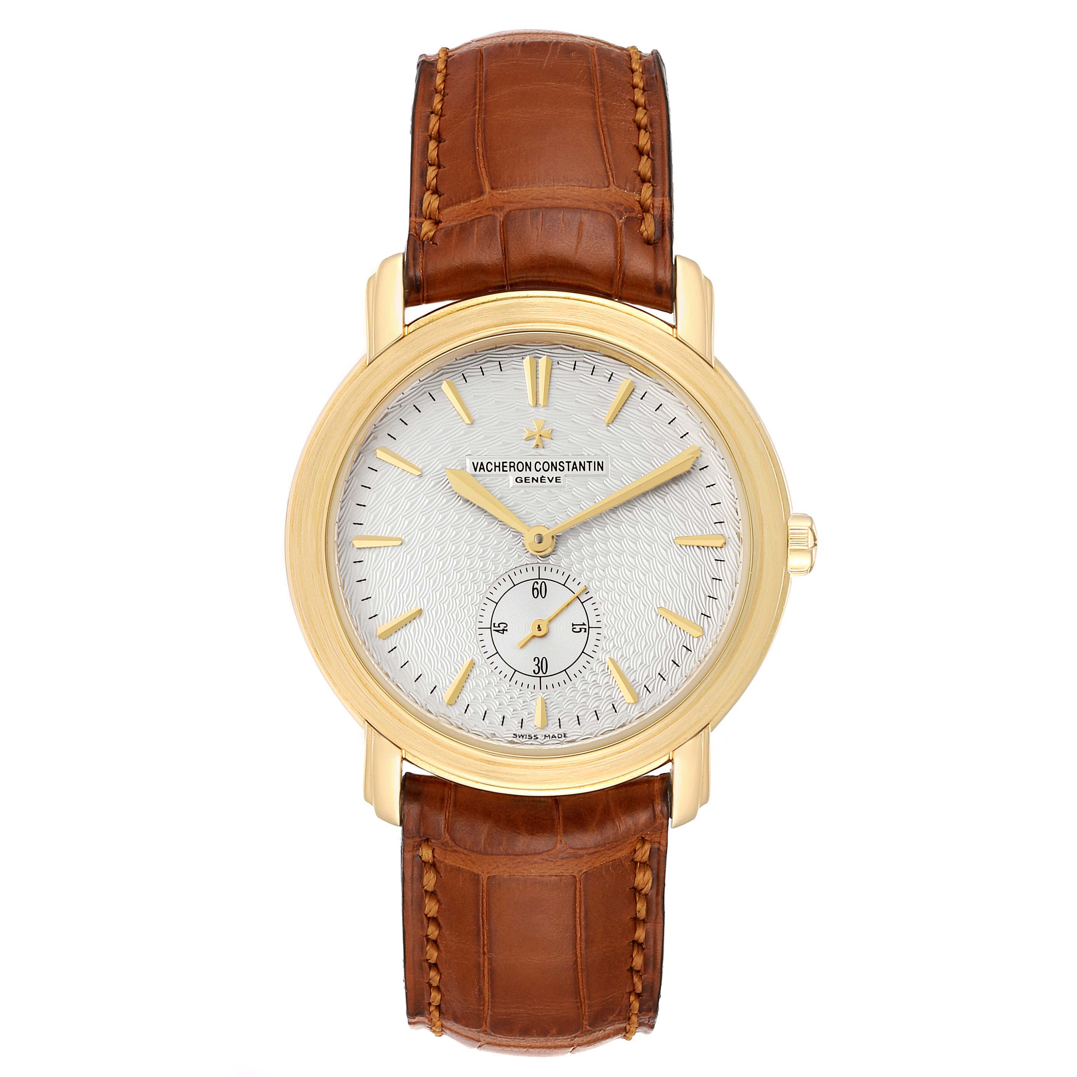 The image shows a Vacheron Constantin Malte 81000 Men's Yellow Gold Silver Dial 81000 Men's Yellow Gold Silver Dial watch from a front angle, displaying the face, dial, hands, and leather strap.