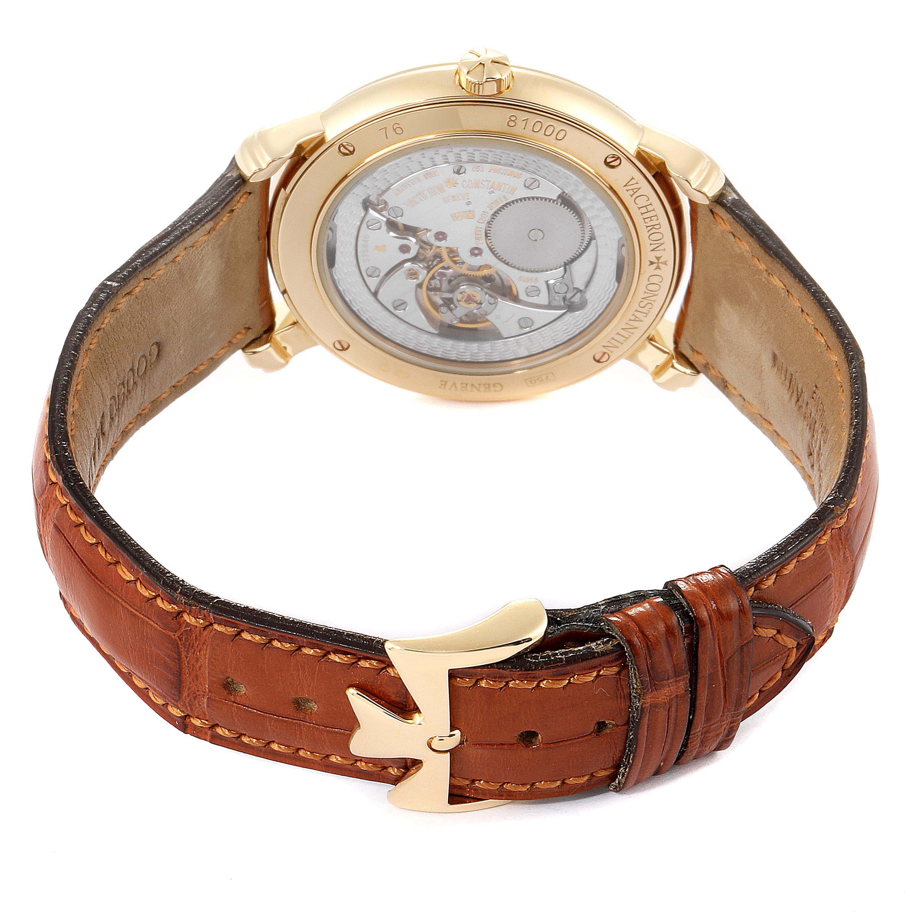 The image shows the back view of the Vacheron Constantin Malte 81000 Men's Yellow Gold Silver Dial 81000 Men's Yellow Gold Silver Dial watch, displaying its movement and leather strap.