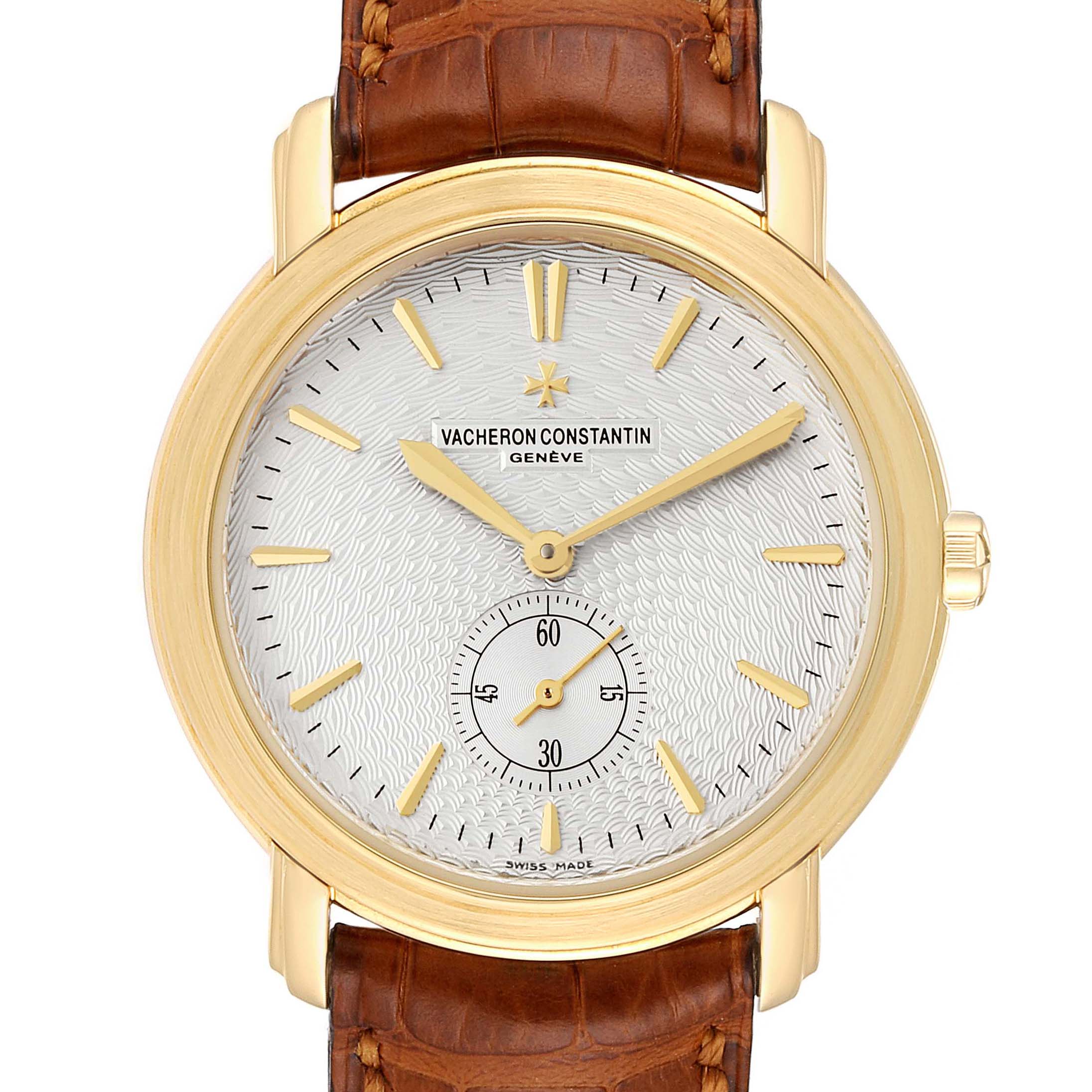 The image shows a frontal view of a Vacheron Constantin Malte 81000 Men's Yellow Gold Silver Dial 81000 Men's Yellow Gold Silver Dial model watch, highlighting its dial, bezel, and leather strap.