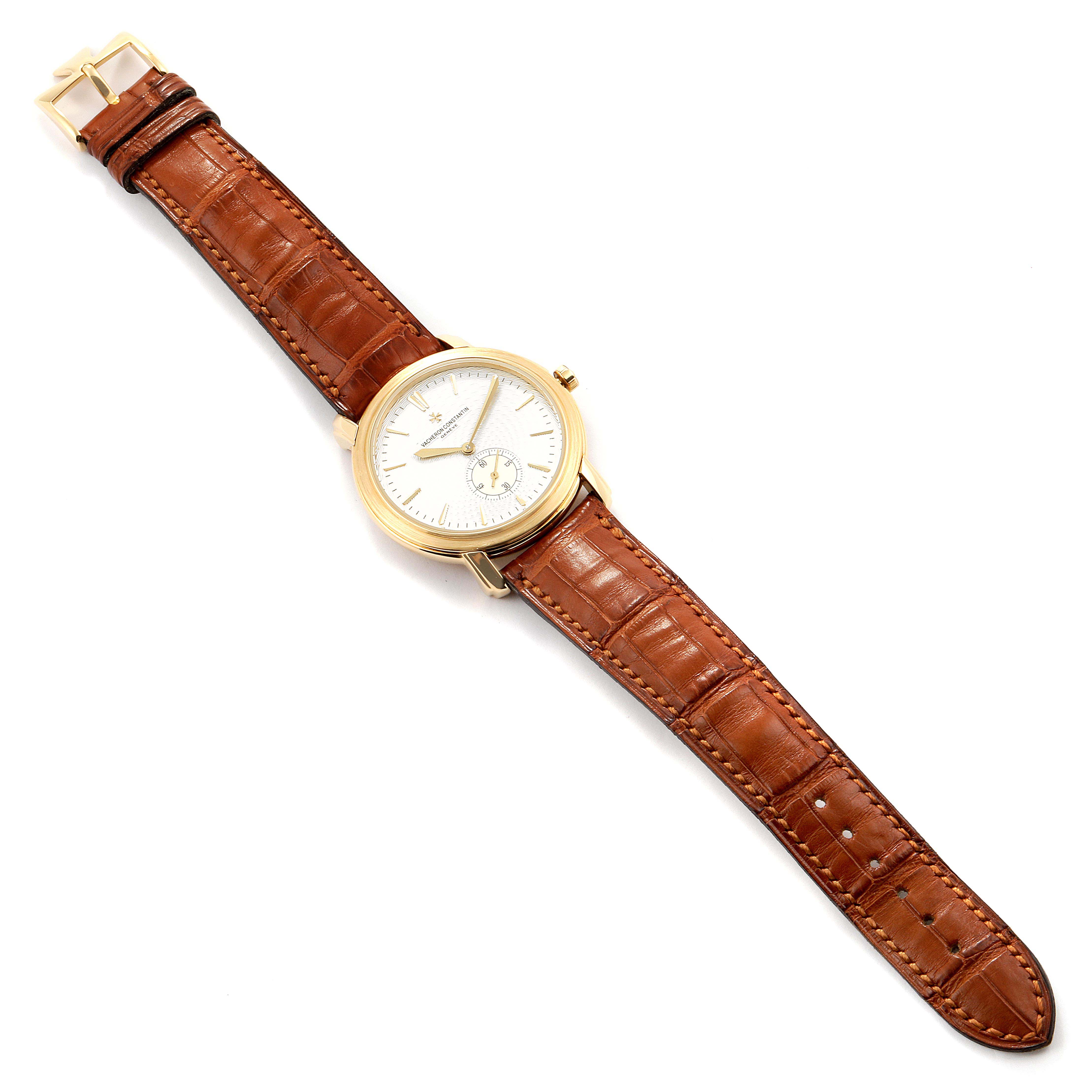 The image shows a Vacheron Constantin Malte 81000 Men's Yellow Gold Silver Dial 81000 Men's Yellow Gold Silver Dial watch from a top angle, displaying its brown leather strap and gold case.