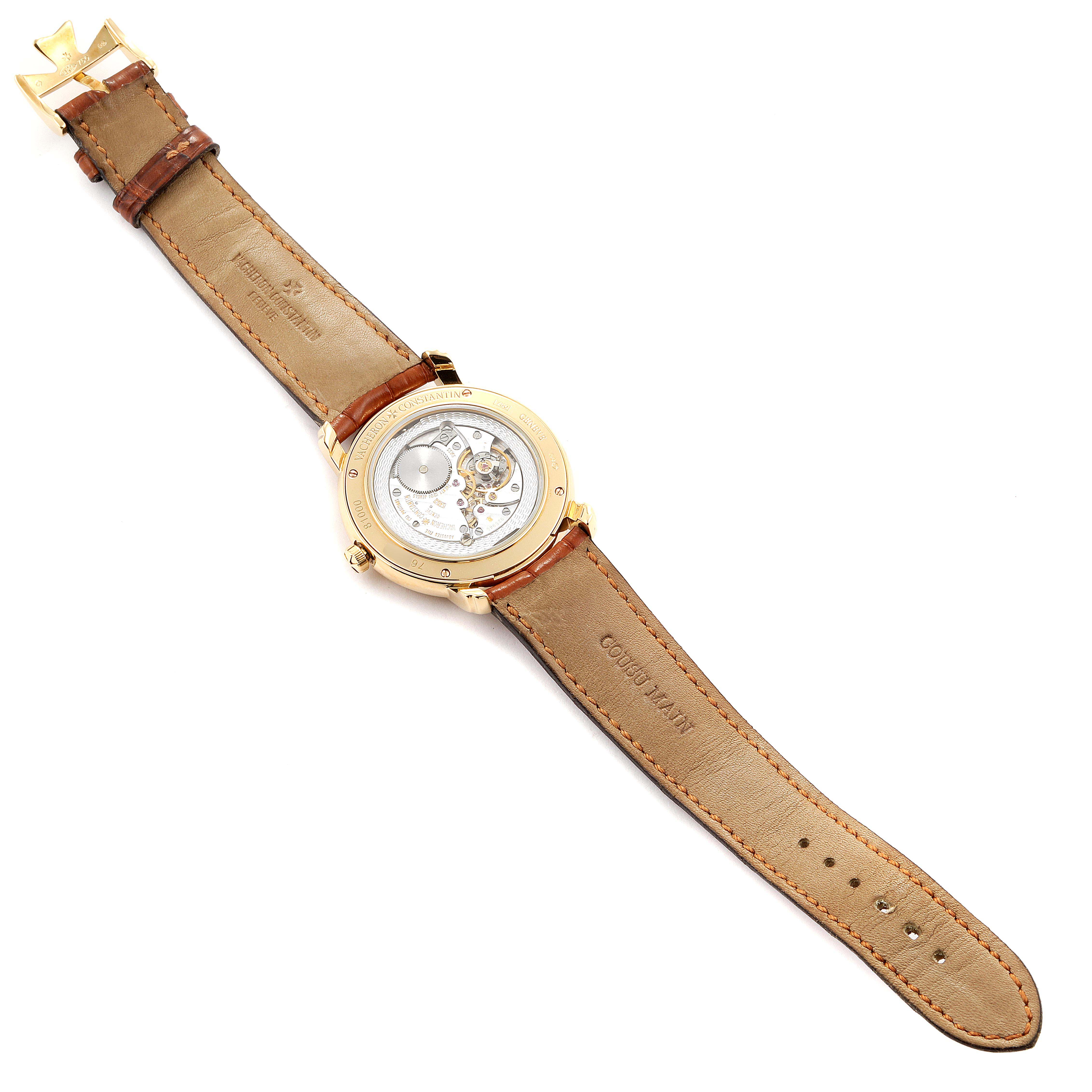 This image shows the back view of a Vacheron Constantin Malte 81000 Men's Yellow Gold Silver Dial 81000 Men's Yellow Gold Silver Dial watch, highlighting its transparent case back and leather strap.