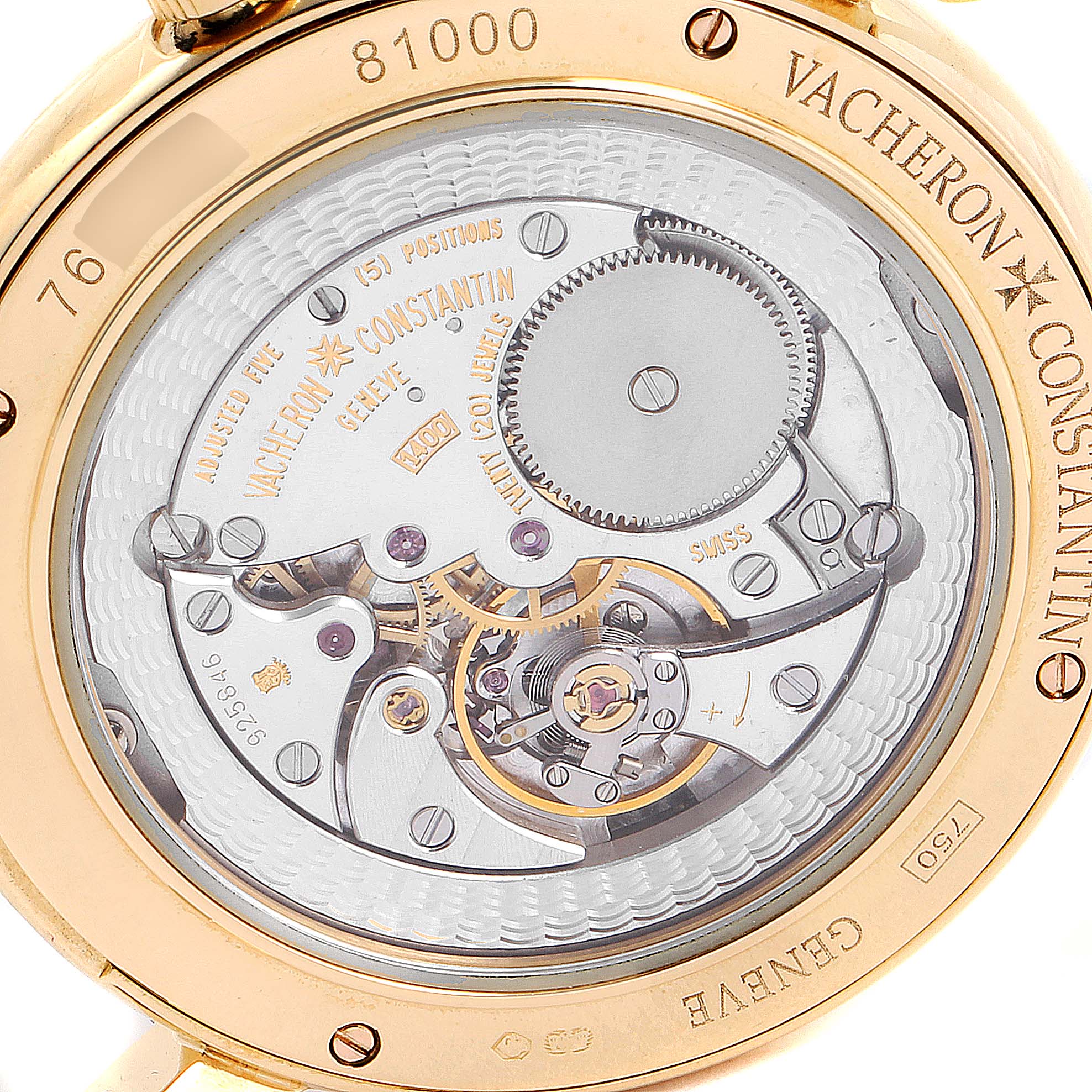 This image shows the back view of the Vacheron Constantin Malte 81000 Men's Yellow Gold Silver Dial 81000 Men's Yellow Gold Silver Dial watch, highlighting its intricate mechanical movement.