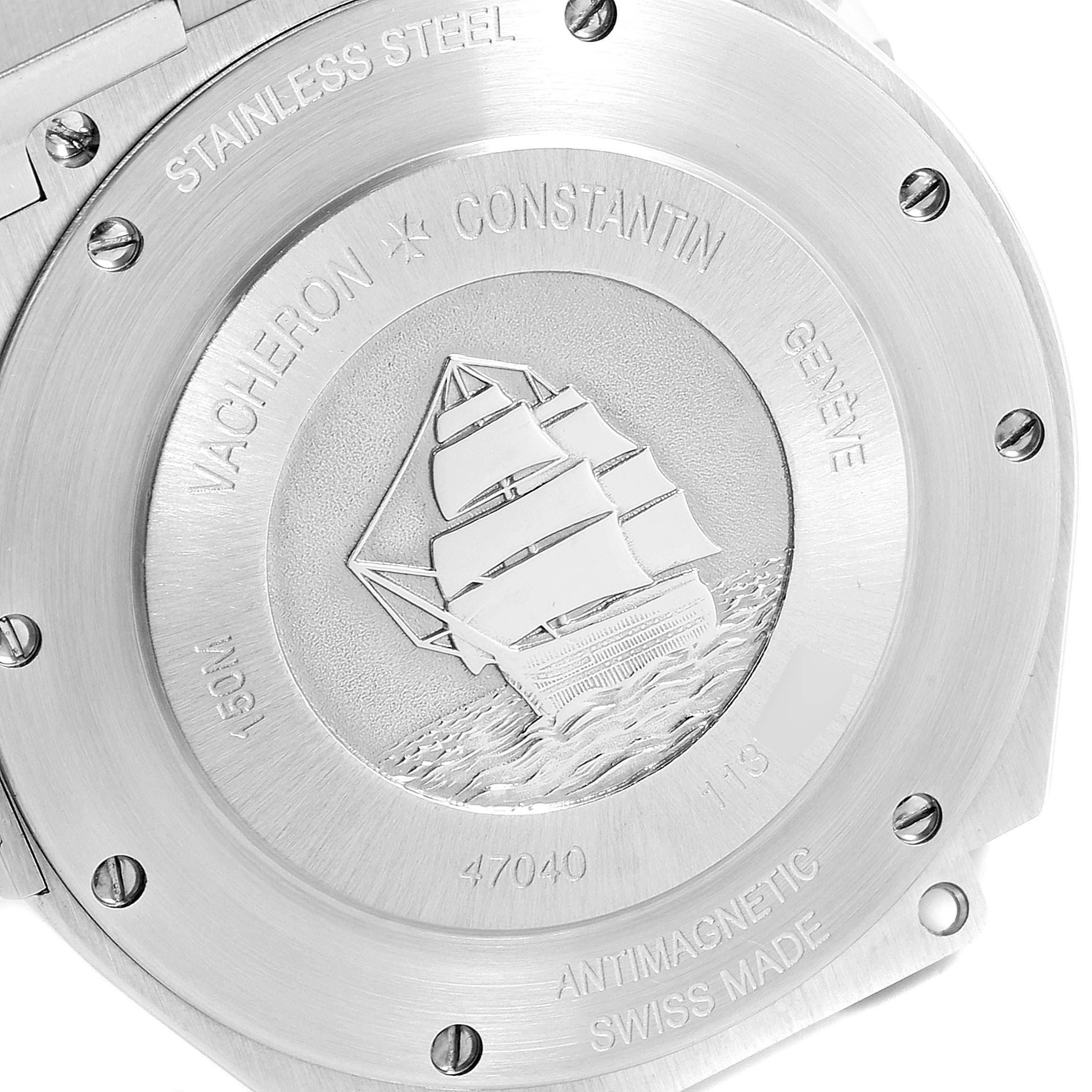 This image shows the back case of the Vacheron Constantin Overseas 47040/B01A-9094 Men's Stainless Steel Black Dial 47040/B01A-9094 Men's Stainless Steel Black Dial watch, highlighting its design and engravings.