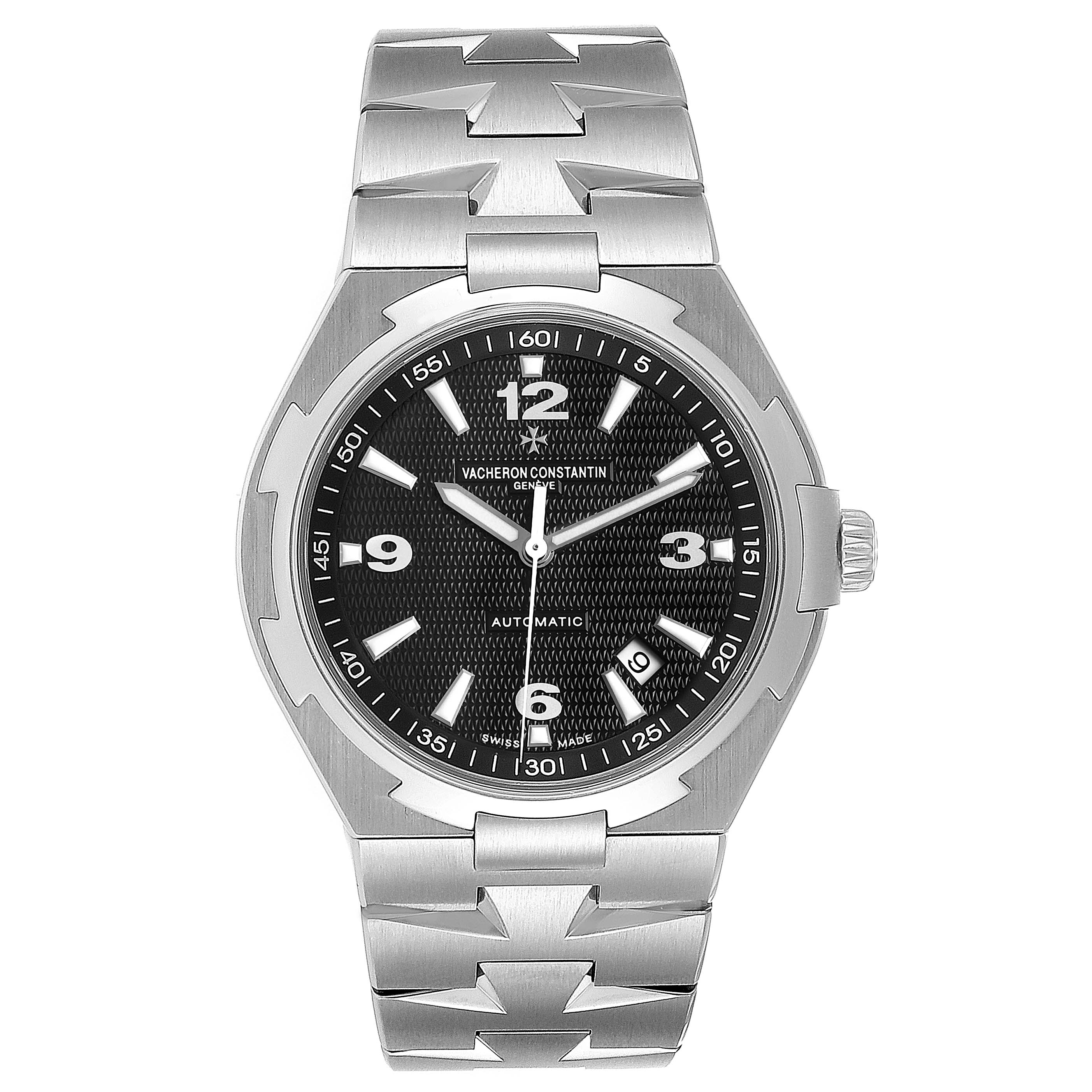 This Vacheron Constantin Overseas 47040/B01A-9094 Men's Stainless Steel Black Dial 47040/B01A-9094 Men's Stainless Steel Black Dial model watch is shown from a front angle, displaying the dial, bezel, case, and part of the bracelet.