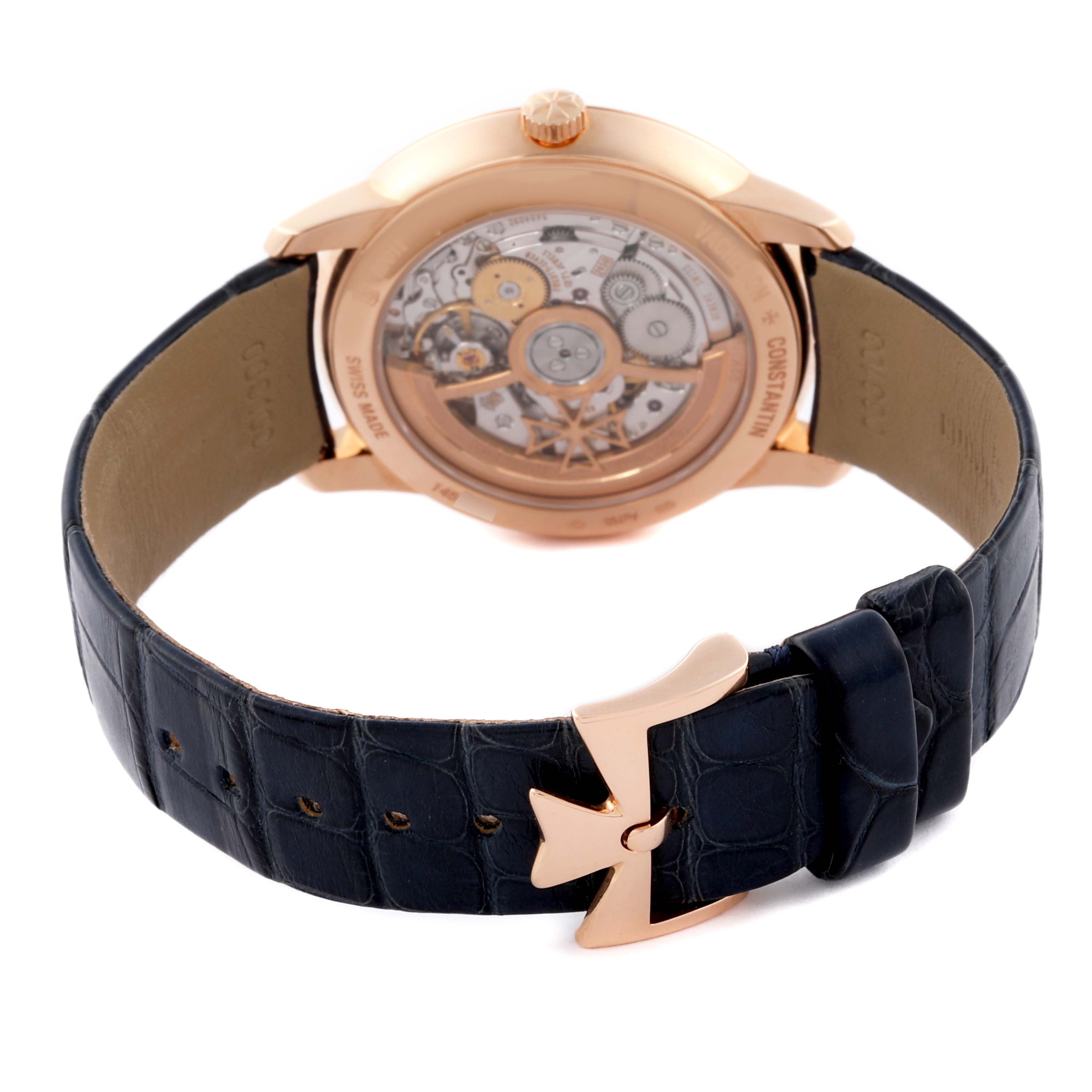 The image shows the Vacheron Constantin Patrimony 4100U/000R-B643 Men's Rose Gold Blue Dial 4100U/000R-B643 Men's Rose Gold Blue Dial watch from the backside, displaying its mechanical movement and black leather strap.