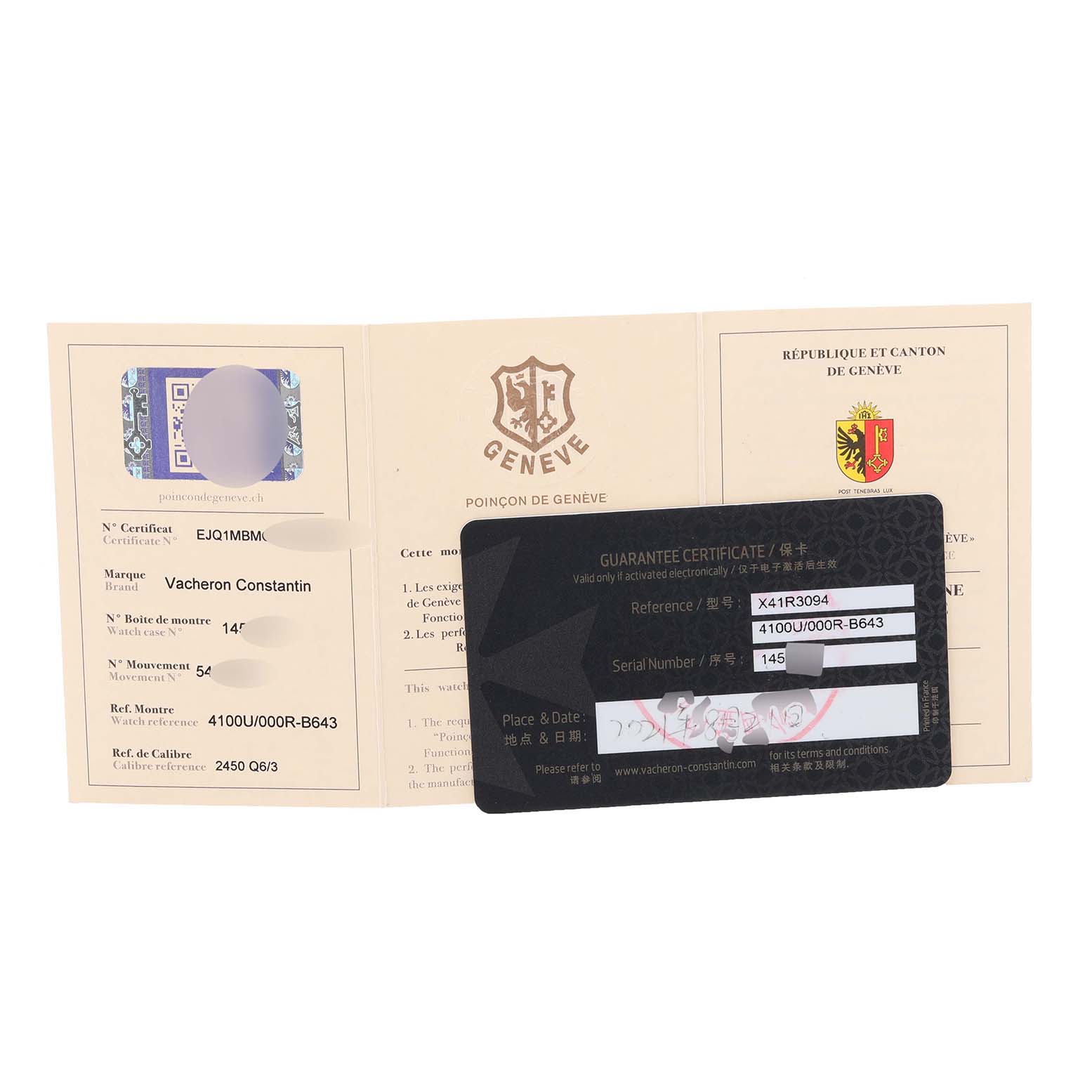 The image shows a Vacheron Constantin Patrimony 4100U/000R-B643 Men's Rose Gold Blue Dial 4100U/000R-B643 Men's Rose Gold Blue Dial model guarantee certificate and documentation at a slight angle.