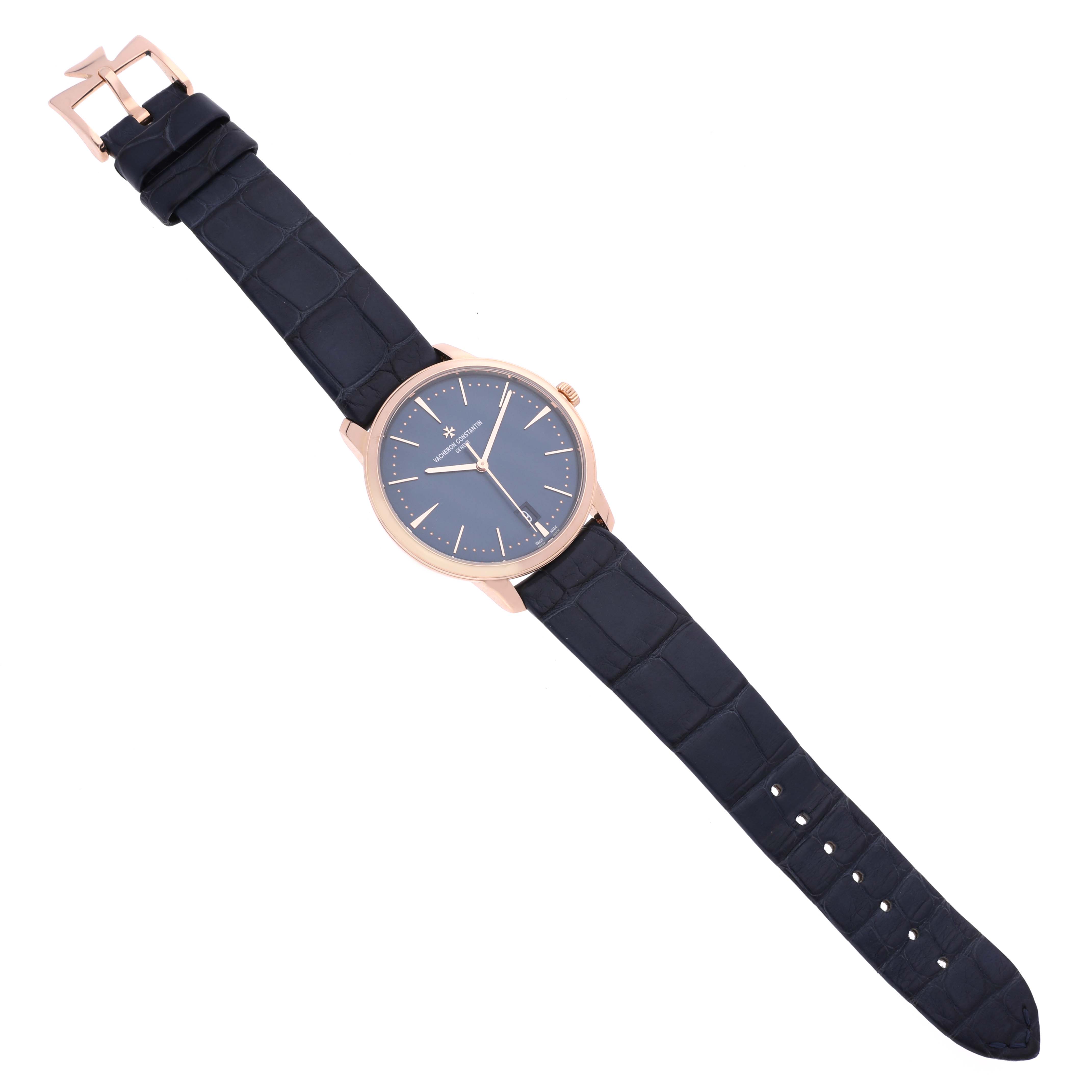 The Vacheron Constantin Patrimony 4100U/000R-B643 Men's Rose Gold Blue Dial 4100U/000R-B643 Men's Rose Gold Blue Dial watch is shown from an angled top view, displaying its face, dial, and full strap.