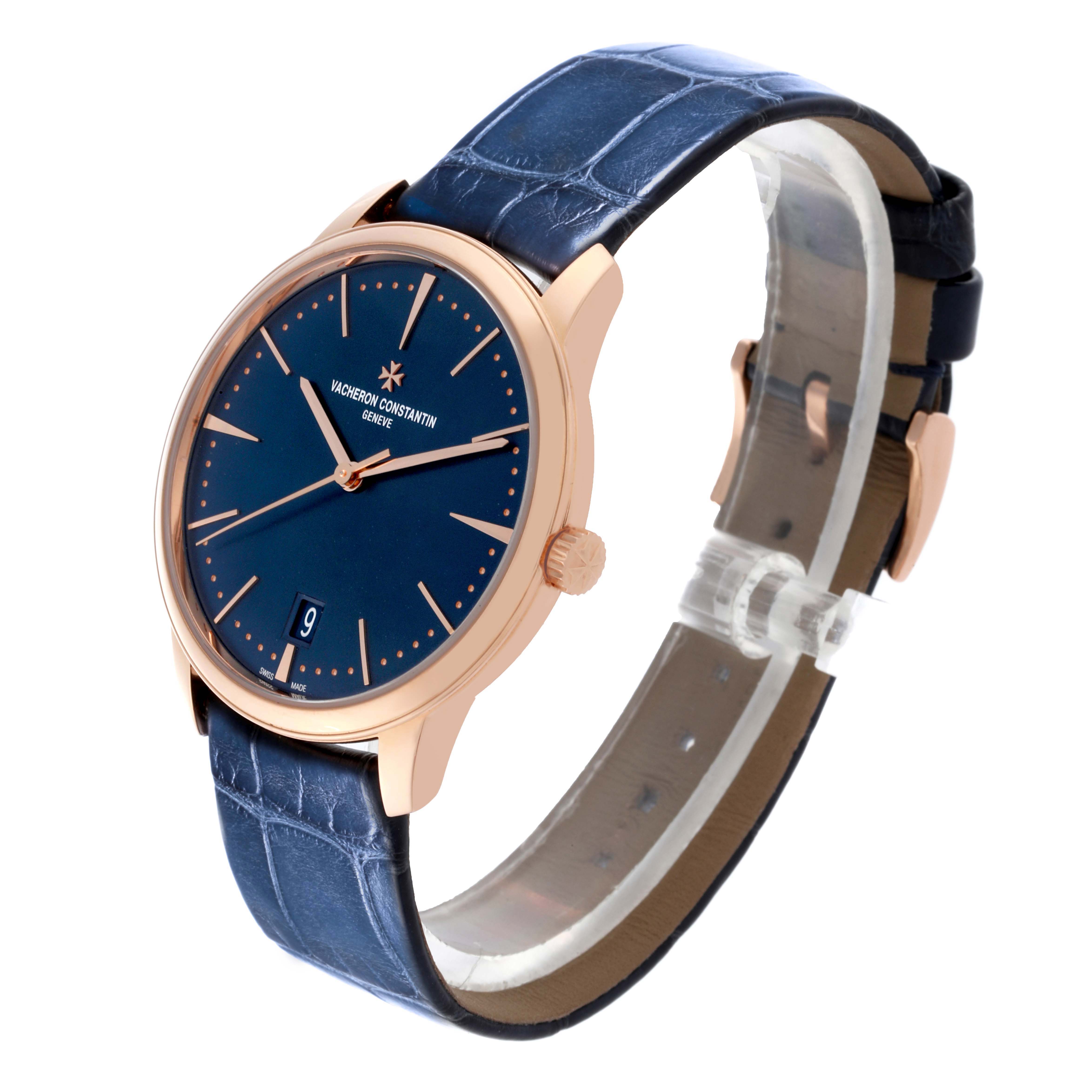 The image shows a side and front angle of the Vacheron Constantin Patrimony 4100U/000R-B643 Men's Rose Gold Blue Dial 4100U/000R-B643 Men's Rose Gold Blue Dial watch, highlighting the face, case, crown, and strap.