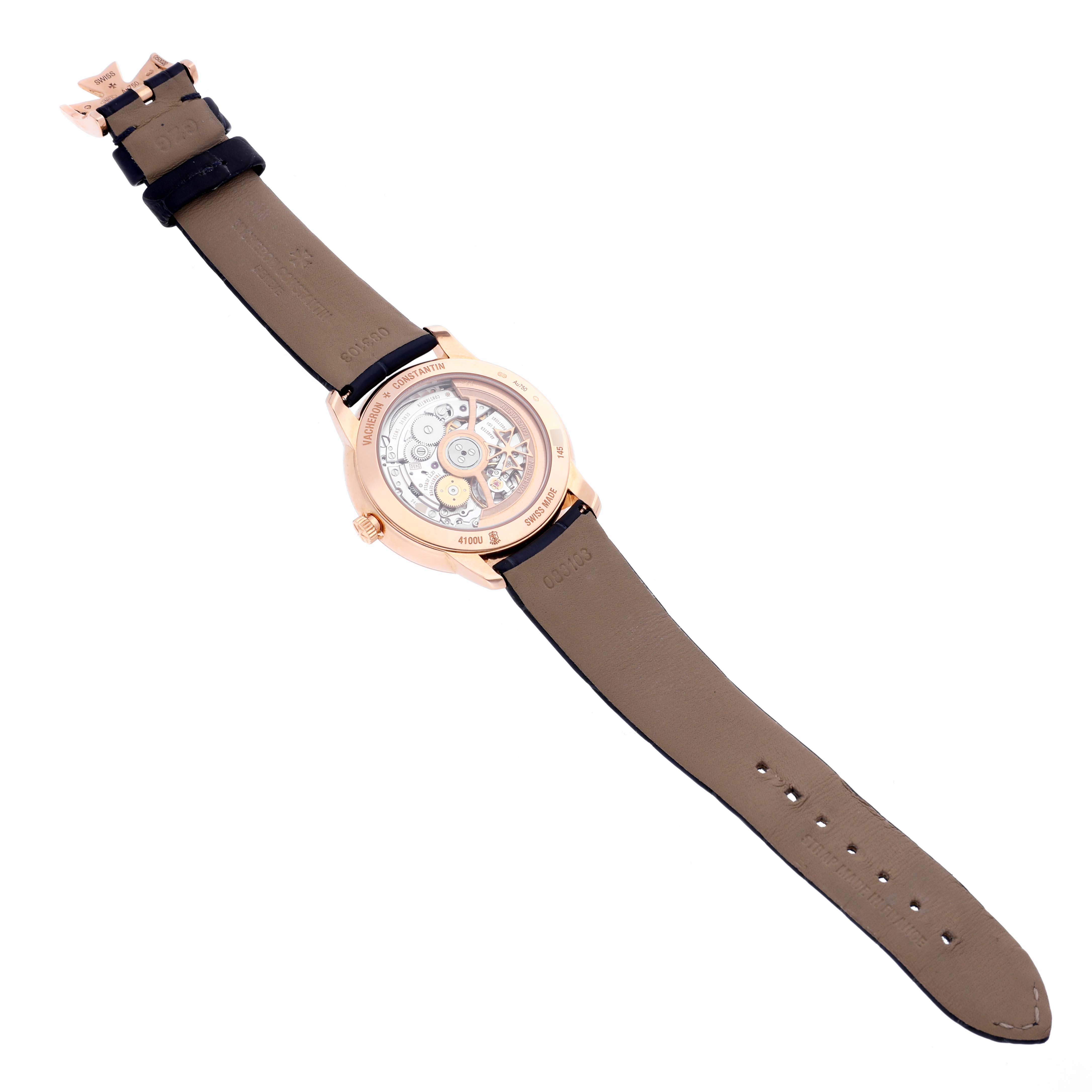 The image shows the back view of the Vacheron Constantin Patrimony 4100U/000R-B643 Men's Rose Gold Blue Dial 4100U/000R-B643 Men's Rose Gold Blue Dial watch, highlighting its transparent case back and movement.