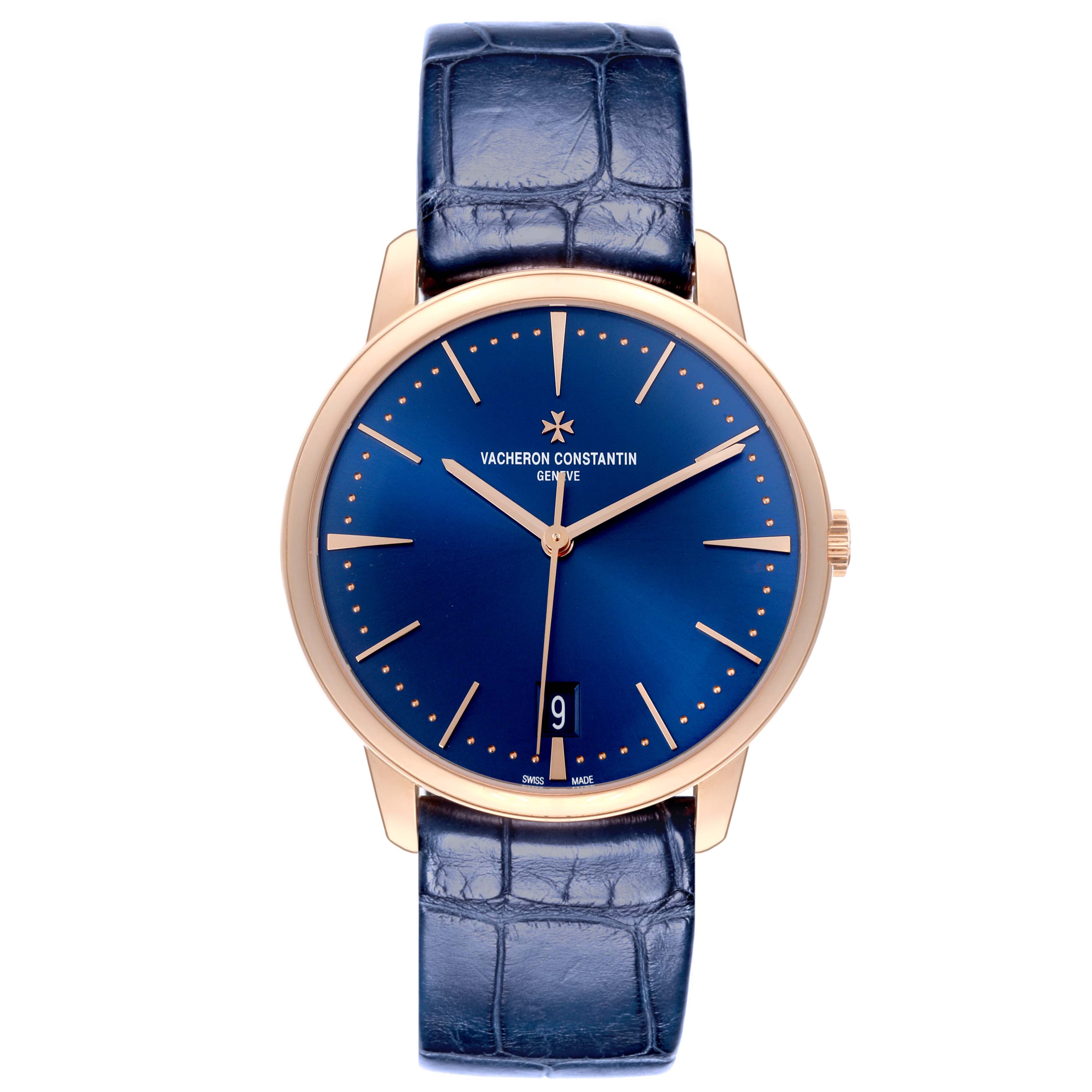 The Patrimony model by Vacheron Constantin is shown in a front view with a blue dial, gold case, and blue leather strap.