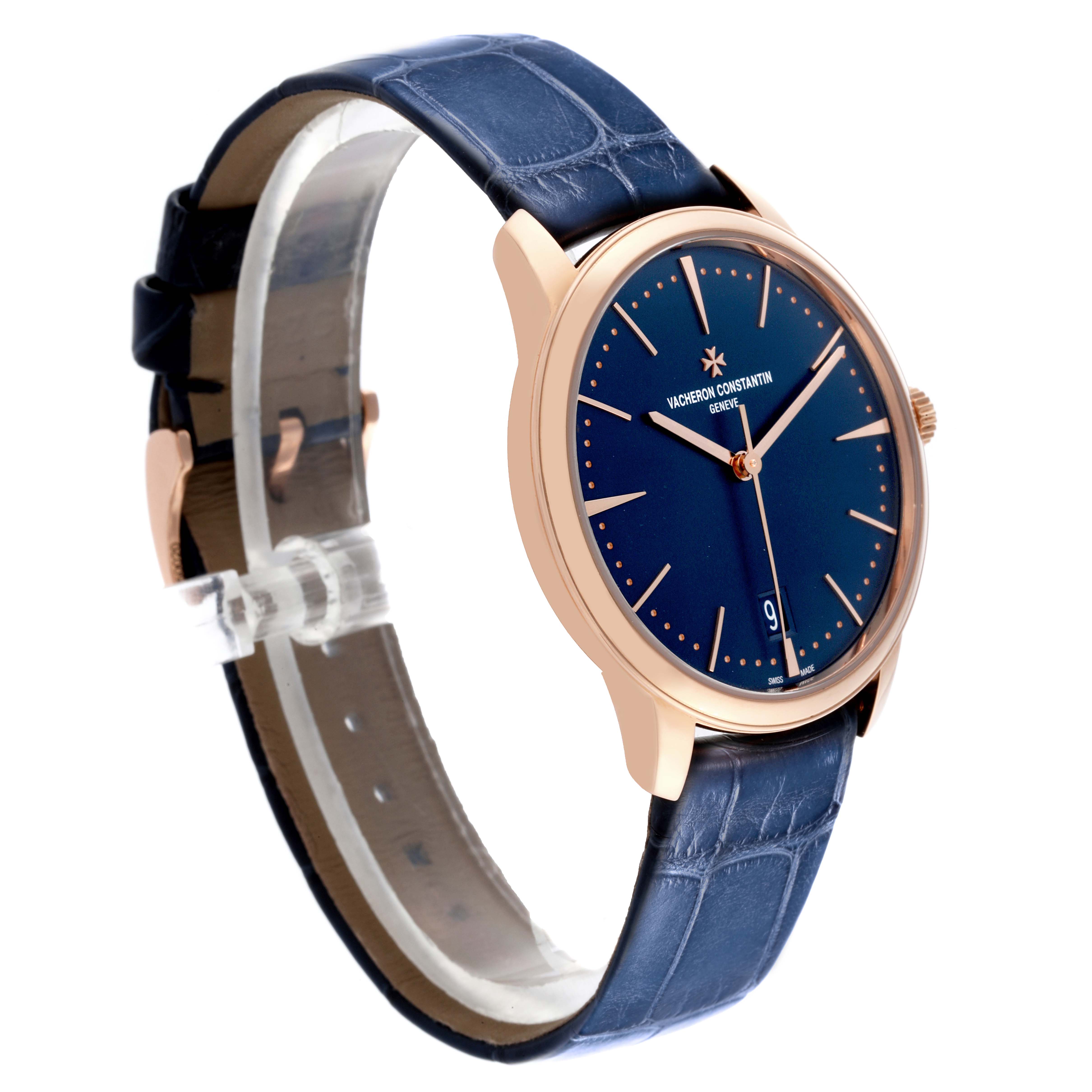 The Vacheron Constantin Patrimony 4100U/000R-B643 Men's Rose Gold Blue Dial 4100U/000R-B643 Men's Rose Gold Blue Dial watch is shown at a slight side angle, highlighting the dial, case, and leather strap.