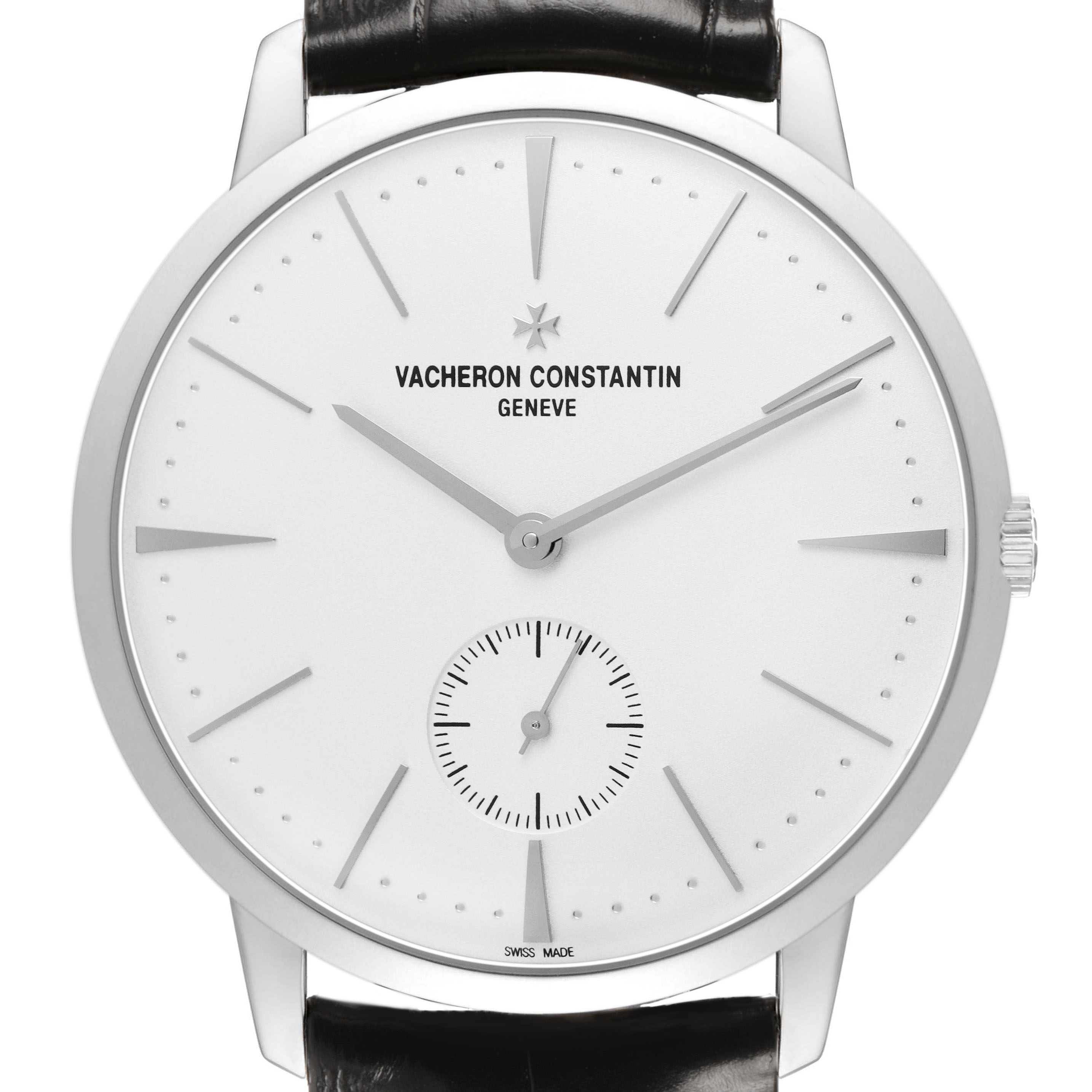 The Vacheron Constantin Patrimony 1110U/000G-B086 Men's White Gold Silver Dial watch is shown from a front angle, highlighting its dial, hands, and crown.